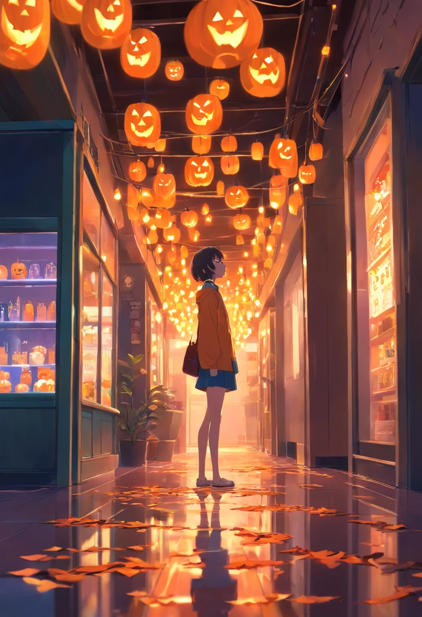 Halloween Floating Lights, Cinematic light and reflection, glowing lights, Intermediate metaverse elements,Digital Painting, Glowing reflections, pondering