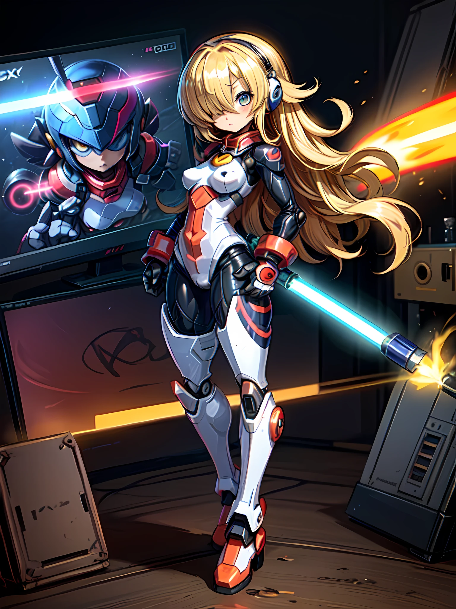 A woman, wearing a red mecha costume with white parts, very tight to the body, yellow hair, long hair, (((hair over eyes))) red helmet, messy hair, hair with bangs in front of the eyes, looking at the viewer, dynamixc pose with interaction and leaning on anything+ leaning against+dynamixc pose, in a laboratory with many computers, furniture, plasma TV, robots, lightsaber sword, window showing the city at night, ((full body):1.5); 16K, UHD, unreal engine 5, quality max, max resolution, ultra-realistic, ultra-detailed, maximum sharpness, ((perfect_hands):1), Goodhands-beta2, ((ultra technological, sensual pose)), (((megamanX Zero)))