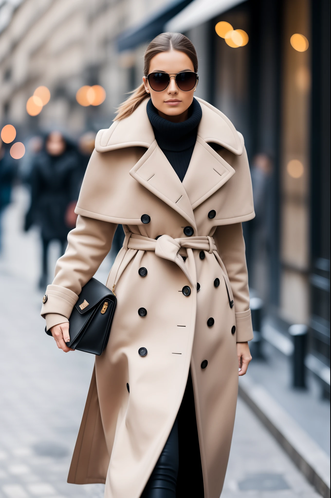 stylish look, cold day, paris, beautiful woman walking down street and looking at camera, 8k, photos taken by hasselblad + incredibly detailed, sharpness, details + professional lighting, photographic lighting + 50mm, 80mm, 100m + lightroom gallery + behance photography + unsplash --auto --s2