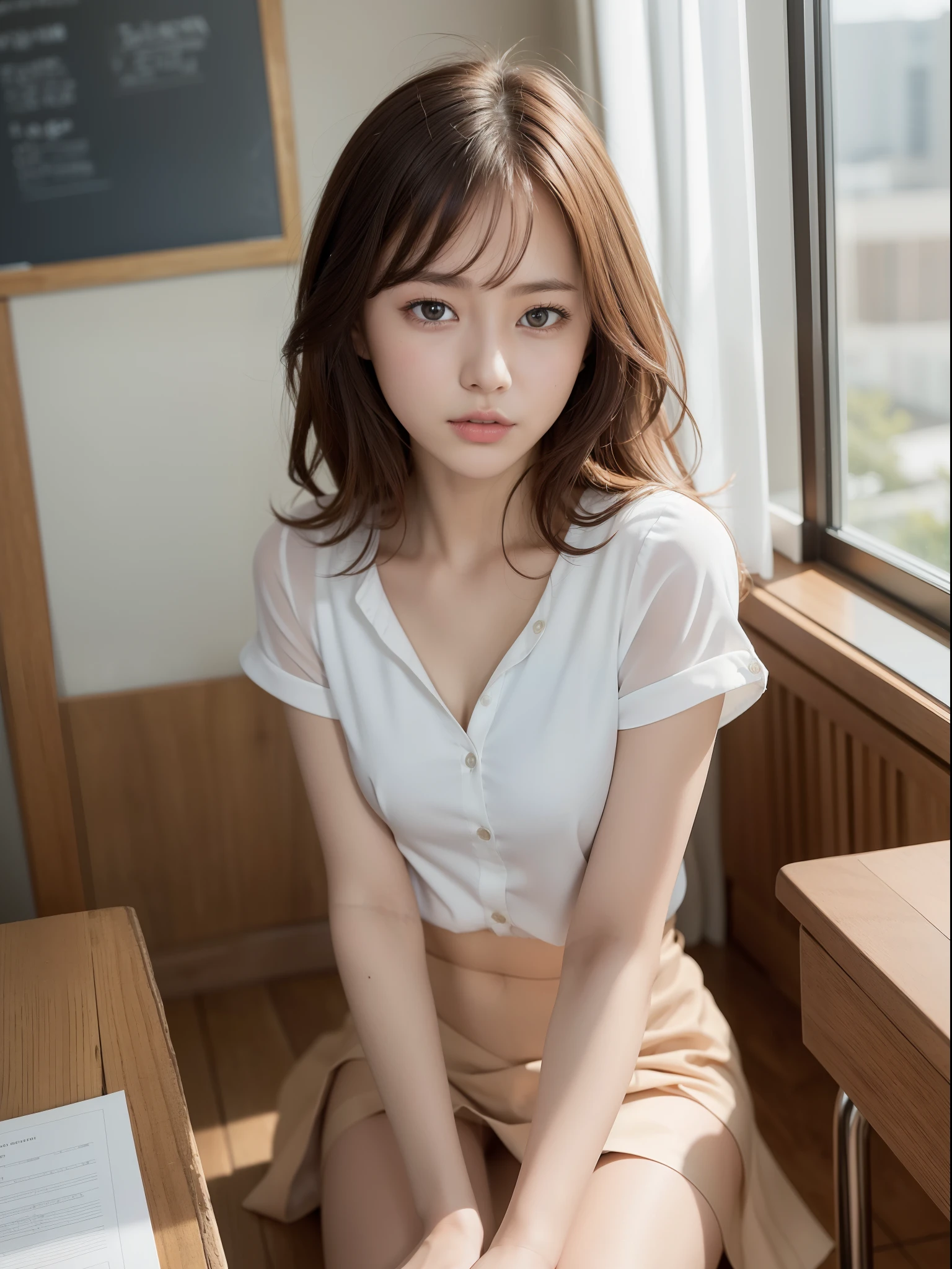 ((of the highest quality, 8K, masutepiece: 1.3, Raw photo)), Sharp Focus: 1.2, (1 AESPA Girl :1.1), Solo, (Realistic, Photorealistic: 1.37), (Face Focus: 1.1), Cute face, hyperdetailed face, short messy hair, Small Smile, small breasts, flat chest, nude, (white chiffon shirt, check skirt: 1.2), (Sitting with one knee up: 1.2), classroom, book, thigh, (roll up the skirt: 1.2), Cattleya