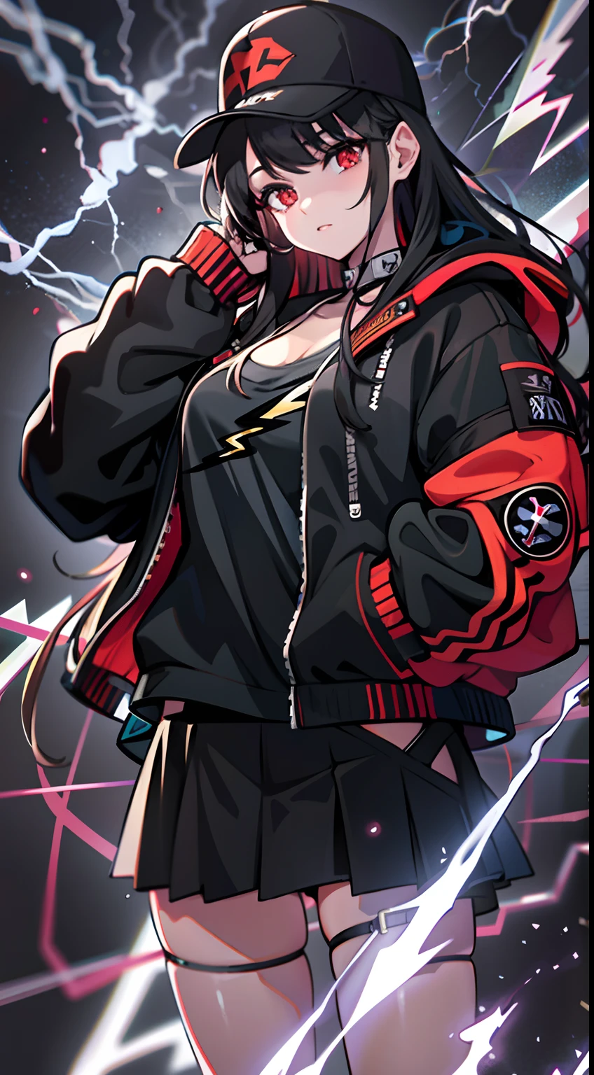 upper body, 1woman, black hair, Long Haired, red eyes, (streetwear style), black jacket, big breats, wallpaper, Lightning background, light particles, (masterpiece), best quality, Top Quality, pale white skin, solo, black cap, midriff, Lightning Style