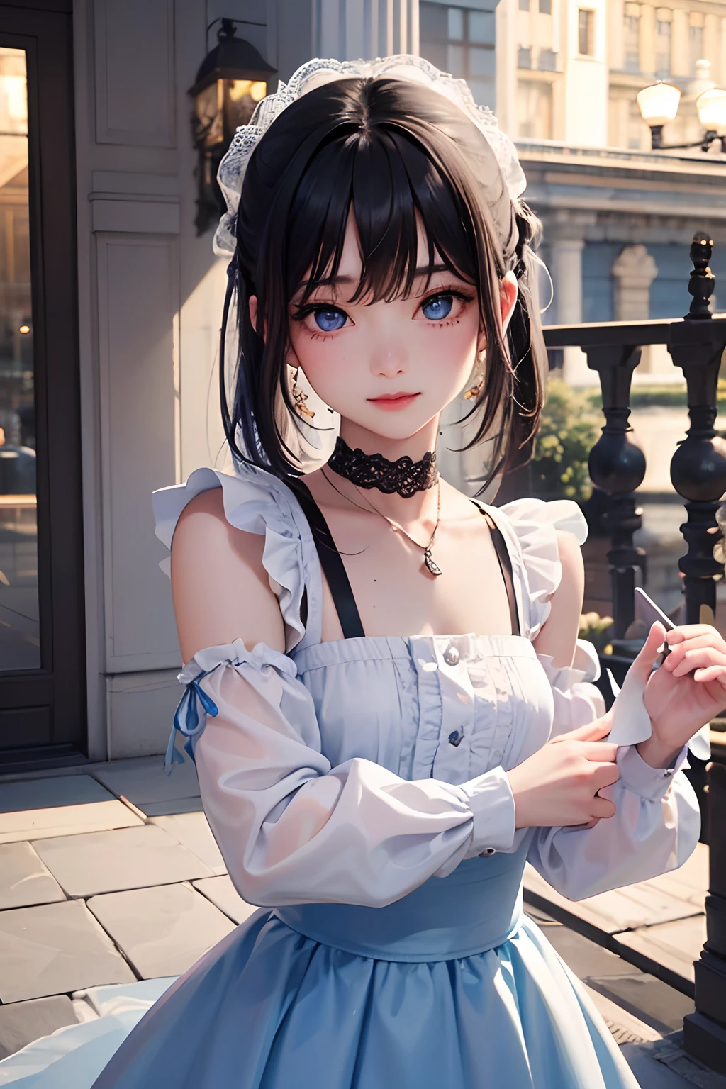 (((Petite girl with blonde twin tails))),((Light Blue Silk Off Shoulder Gothic Dress)),1girl in,(masutepiece), (Best Quality), (Best Detail),, ((())), Very detailed face, , Night , shading ,(((kosmos))),((())),(((below from))),(())),,(((milkyway,fullmoon))),((())),()),(((panty shot))),((piece sign)))