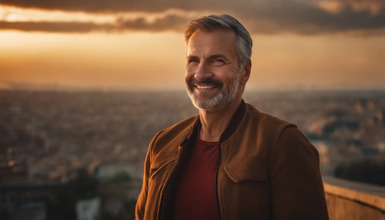 Middle-aged guy smiling and looking at the camera, Detailed portrait, An open look, joying, awe, jour, Warm tones, Against the background of the distant city of the future in rare, but beautiful clouds, Sci-Fi, (8K, extra high resolution, Masterpiece, Best Quality:1.2)