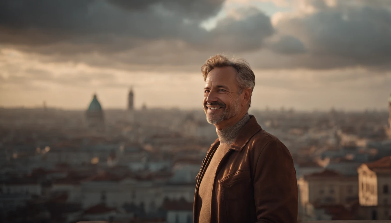 Middle-aged guy smiling and looking at the camera, Detailed portrait, An open look, joying, awe, jour, Warm tones, Against the background of the distant city of the future in rare, but beautiful clouds, Sci-Fi, (8K, extra high resolution, Masterpiece, Best Quality:1.2)