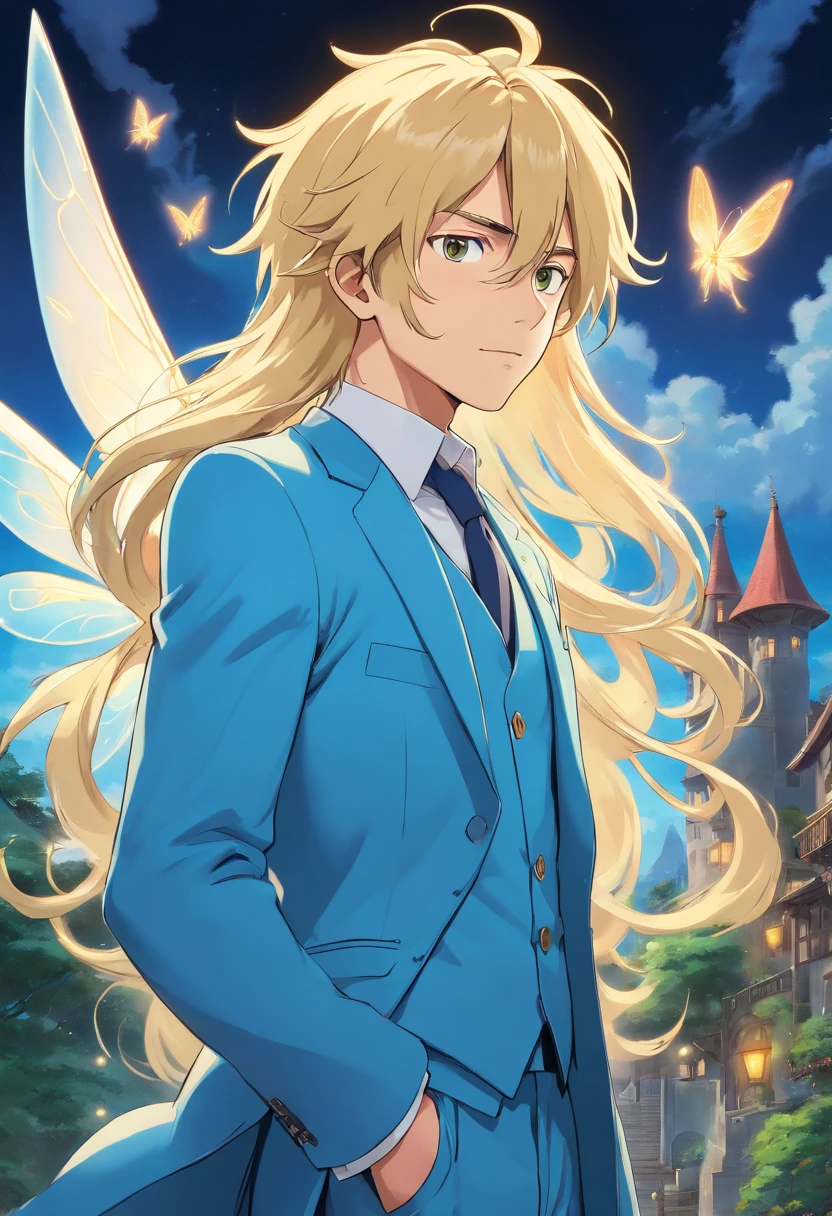 tall male fairy with long, blond hair and light blue suit