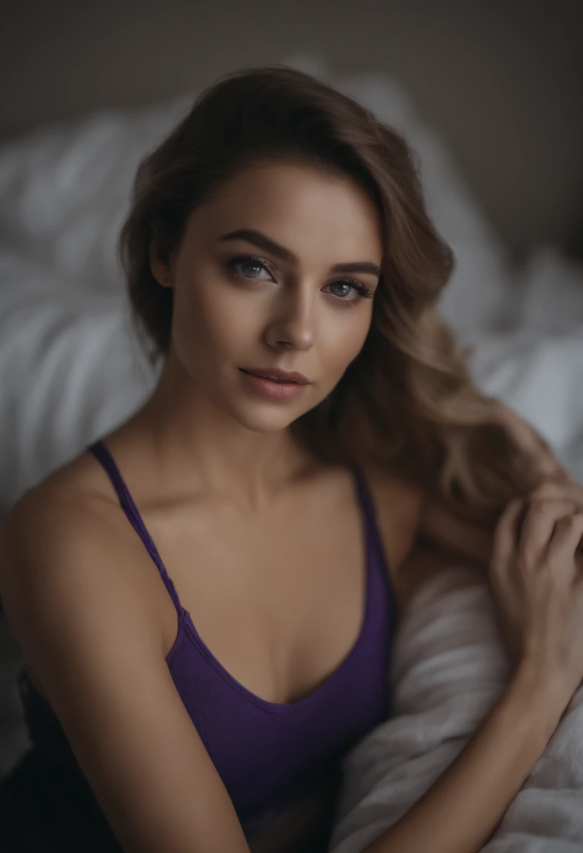 Arafed woman completely , fille sexy aux yeux bleus, ultra realist, Meticulously detailed, Portrait Sophie Mudd, cheveux blonds et grands yeux, selfie of a young woman, Yeux de chambre, souriante, happy, Daniela Antury, Violet Myers, sans maquillage, maquillage naturel, looking straight at camera, Visage avec Artgram, Maquillage subtil, Great photo of the whole body kneeling on the bed, dans la chambre, Bust of medium size to large mixed breed
