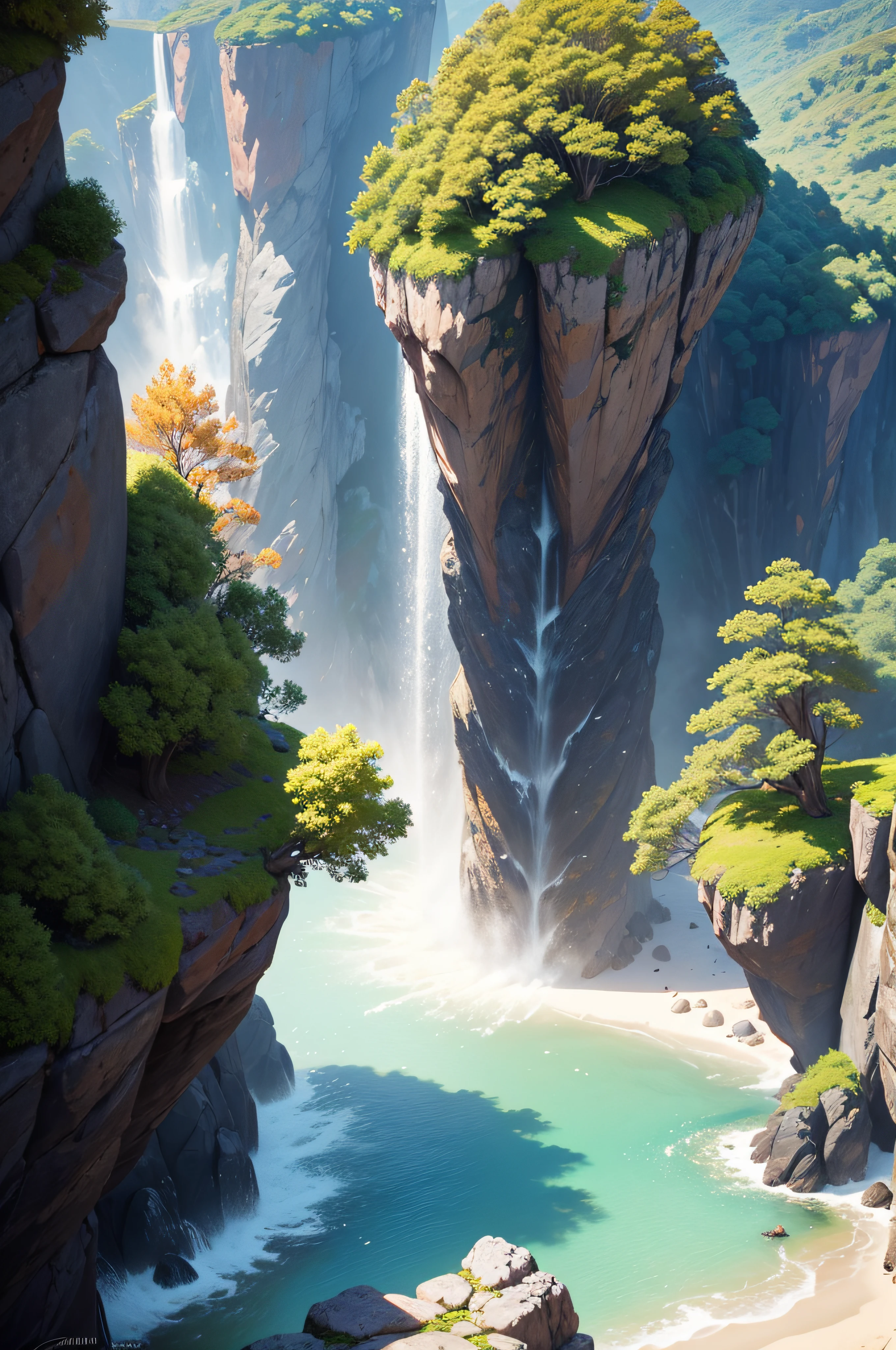An ultra-realistic poster [[[[medindo 610 altura x914 mm de comprimento]]]], Fantastic scenery with vertical rocks on one side and the other, Enquadrando a cena, Trees with colorful foliage complete the scenery, no horizonte na frente da menina, cachoeiras caem das montanhas. Obra-prima super detalhada, incredible realism, 16k, UHD, Engenheiro Unreal ,Daz Studio Iray