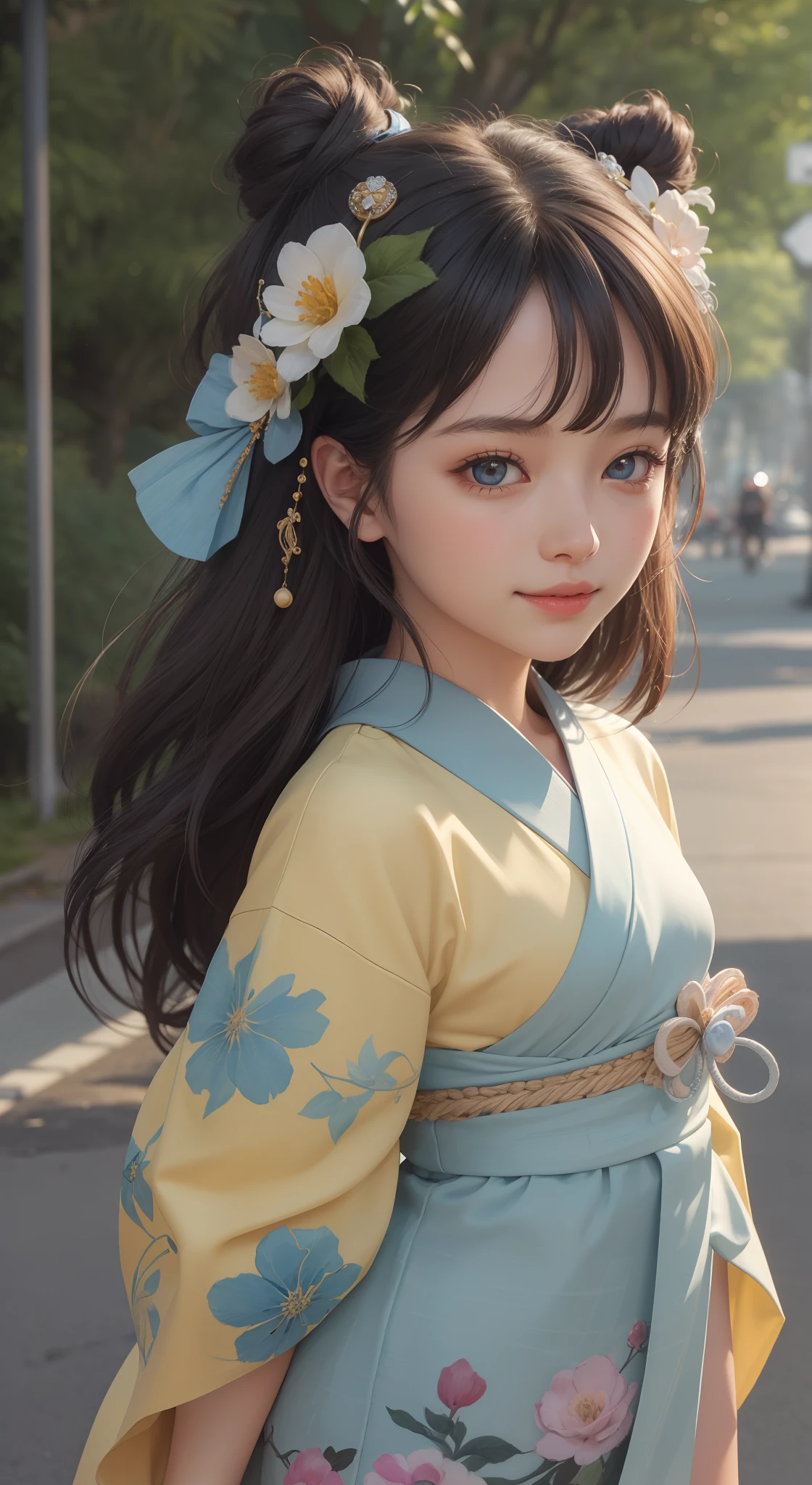 Ulutra HD, masutepiece, ultra-quality, Cute little girl s, Reliful Face, Ultra-detailed eyes, Ultra-detailed lip, Moderate breathing, Dress, Blue kimono, Beautiful kimono appearance, shining light, morning hour, Full body capture, Seashell ornament for hair, A smile, Long black hair