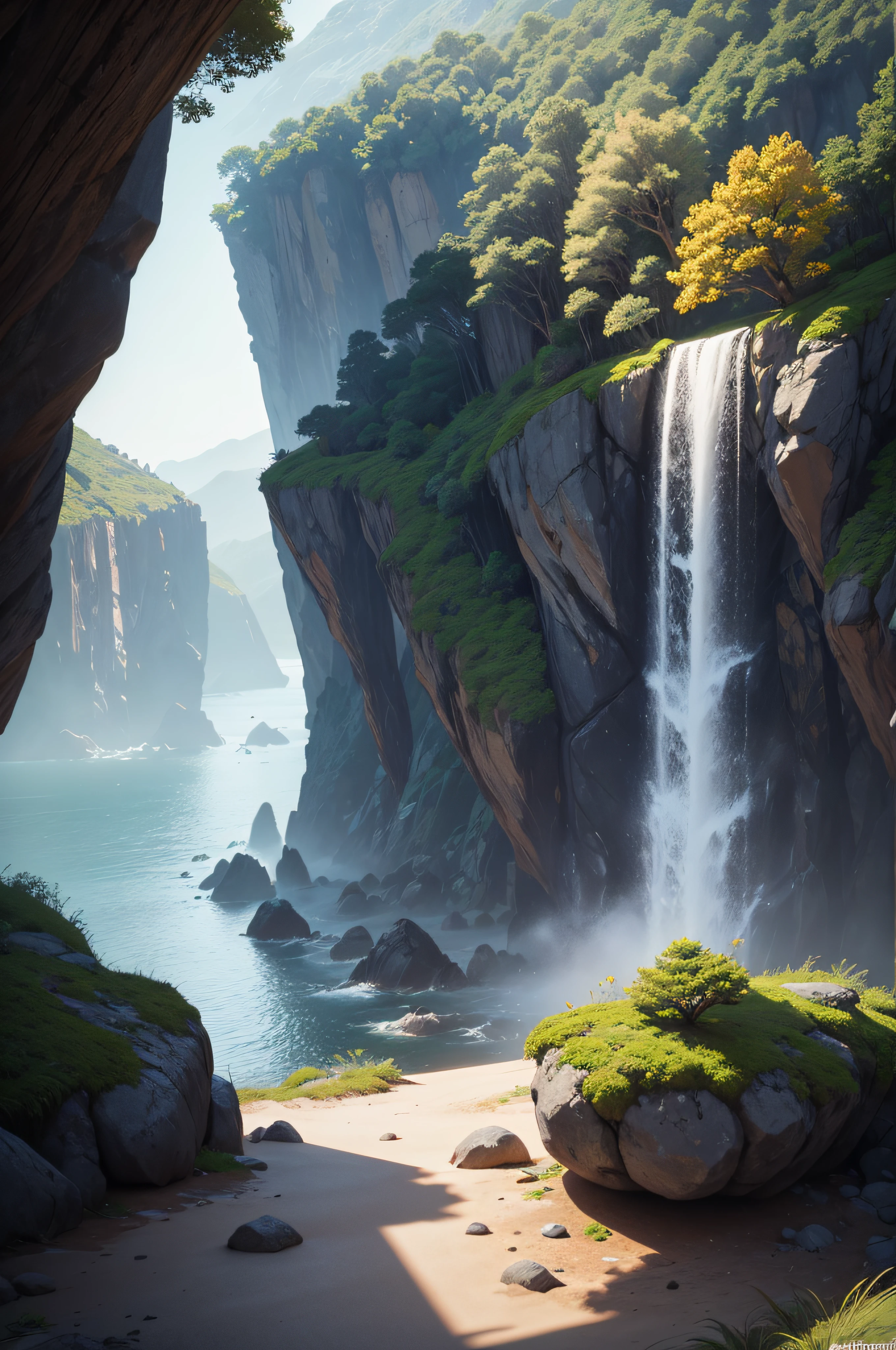 An ultra-realistic poster [[[[medindo 610 altura x914 mm de comprimento]]]], Fantastic scenery with vertical rocks on one side and the other, Enquadrando a cena, Trees with colorful foliage complete the scenery, no horizonte na frente da menina, cachoeiras caem das montanhas. Obra-prima super detalhada, incredible realism, 16k, UHD, Engenheiro Unreal ,Daz Studio Iray