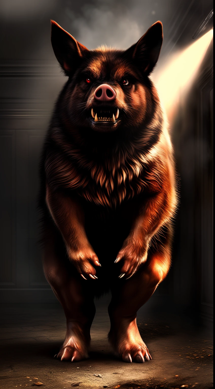 (Best Quality,Ultra-detailed,Realistic:1.37)、anthology、 Furious pigs, Solo, Woman's, Atrocious、cruel、offensive、Evil face、Sharp fangs、Red Eyes, Standing, Bipedal、human sized、(realistic fur, furr, realistic fur texture:1), Horror movie lighting、(Full body:1.8)