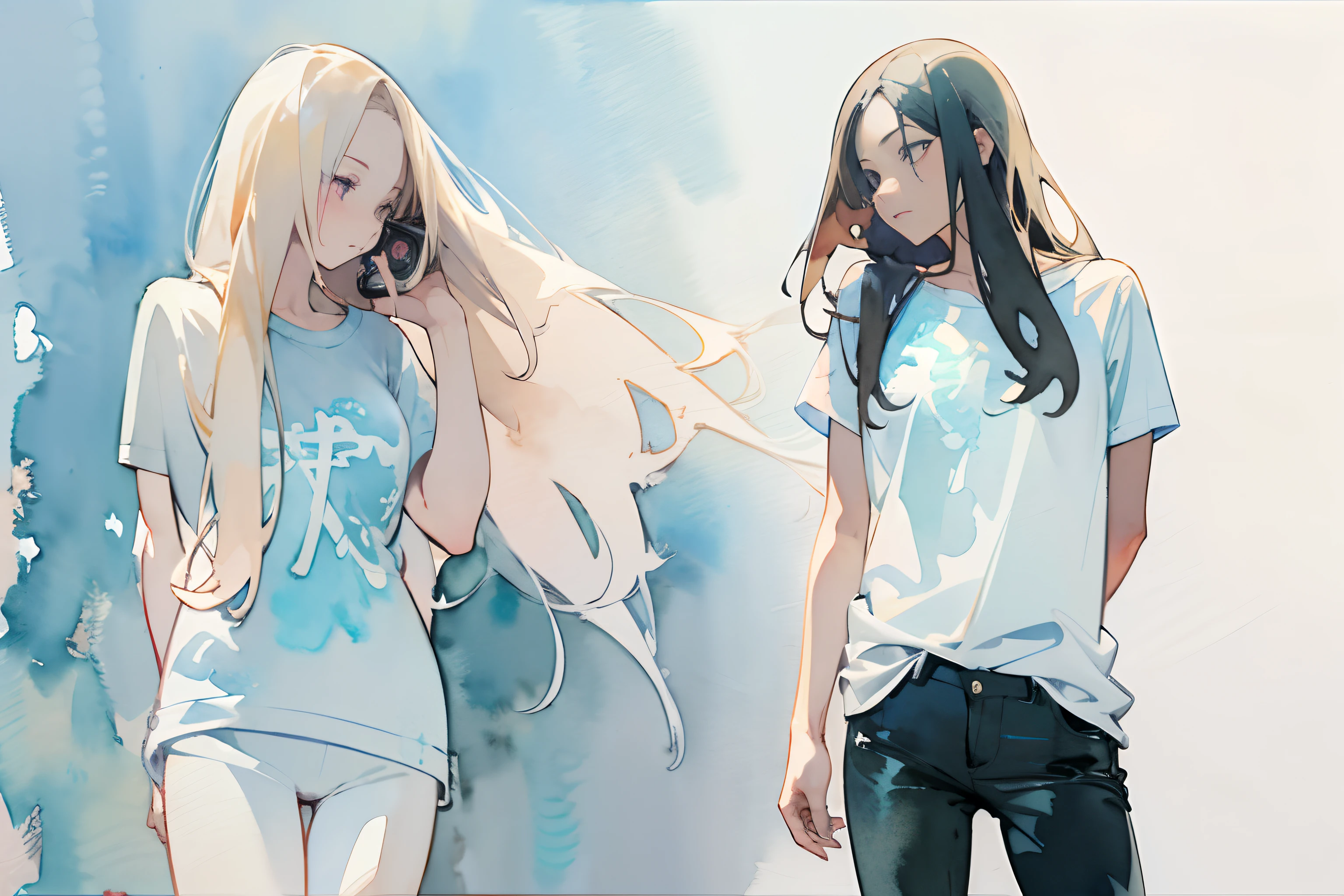 ((masutepiece)), (Professional Photography:1.2), (High Definition:1.3), Best Quality, (watercolor painting:1.3), wide shot, the beautiful concrete ground, (simple white background:1.10), pale blue, 2girl wear T-shirts, retreating figure, long blond hair and long black hair