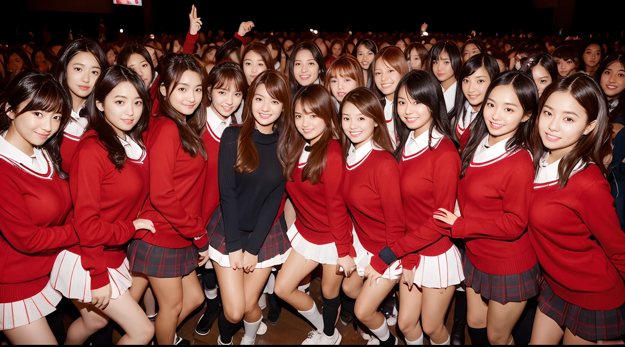 An ultra-high picture quality　50 Japan schoolgirls　Surrounded by 50 girls in red sweaters　爆乳　a miniskirt