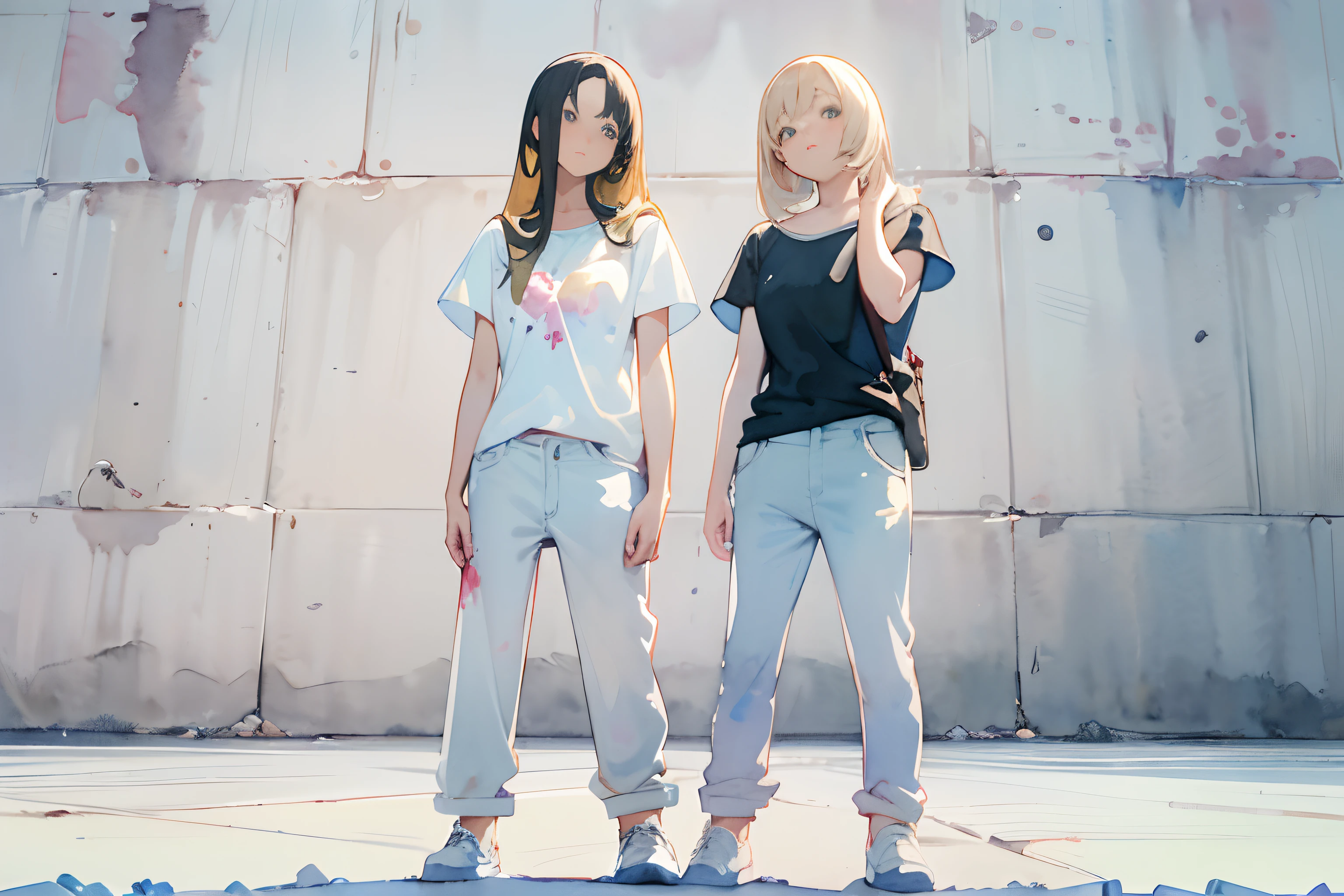 ((masutepiece)), (Professional Photography:1.2), (High Definition:1.3), Best Quality, (watercolor painting:1.3), from below, wide shot, the beautiful concrete ground, (simple white background:1.10), pale blue, 2girl wear T-shirts, retreating figure, long blond hair and long black hair