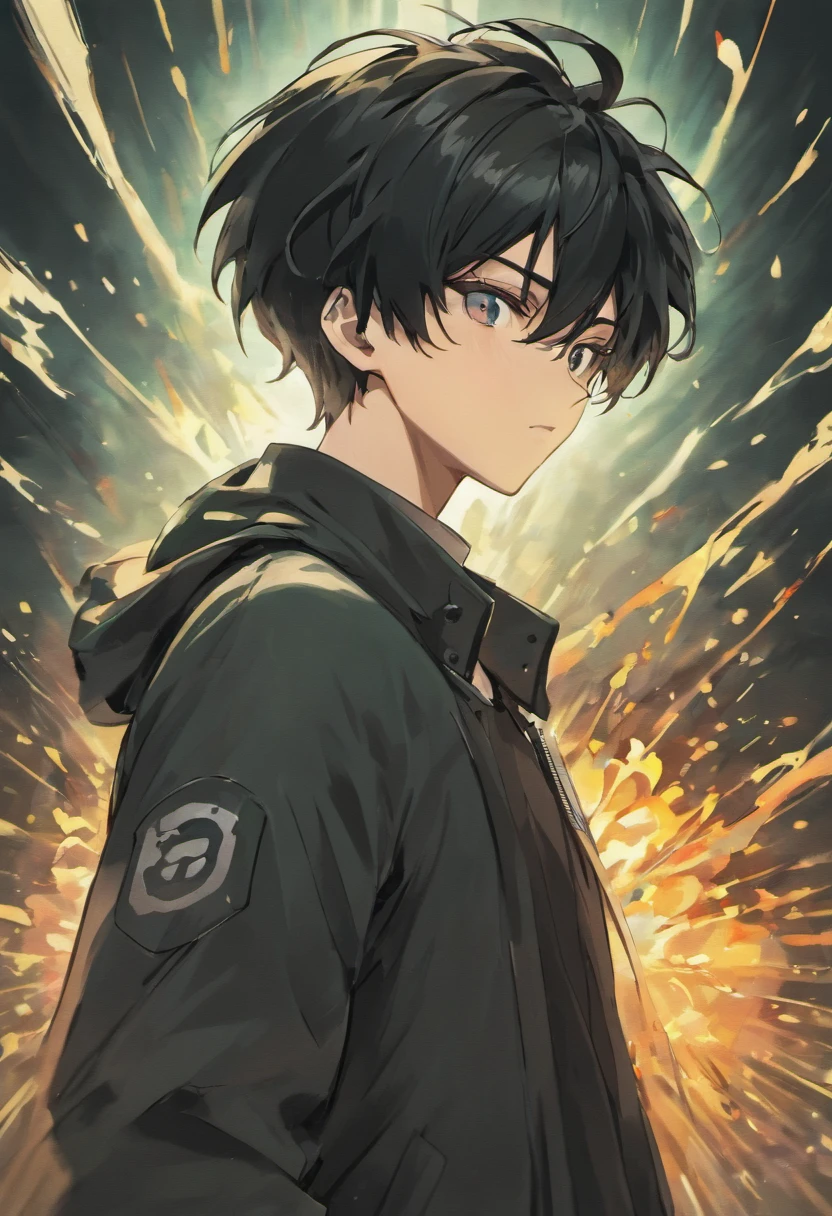 A man with a black jacket and white shirt , black pushed back haircut, black hair, DBZM Dragon Ball, stunning aura, lots of action , lots of Ki energy, grass background , black ClothMask , red eyes , dragon ball z style , 90s style , old dragon ball style and colors