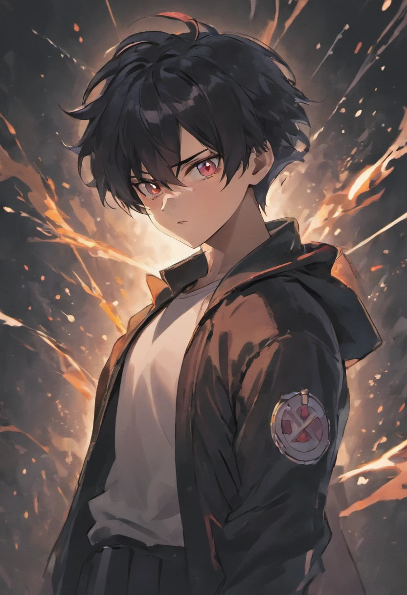 A man with a black jacket and white shirt , black pushed back haircut, black hair, DBZM Dragon Ball, stunning aura, lots of action , lots of Ki energy, grass background , black ClothMask , red eyes , dragon ball z style , 90s style , old dragon ball style and colors