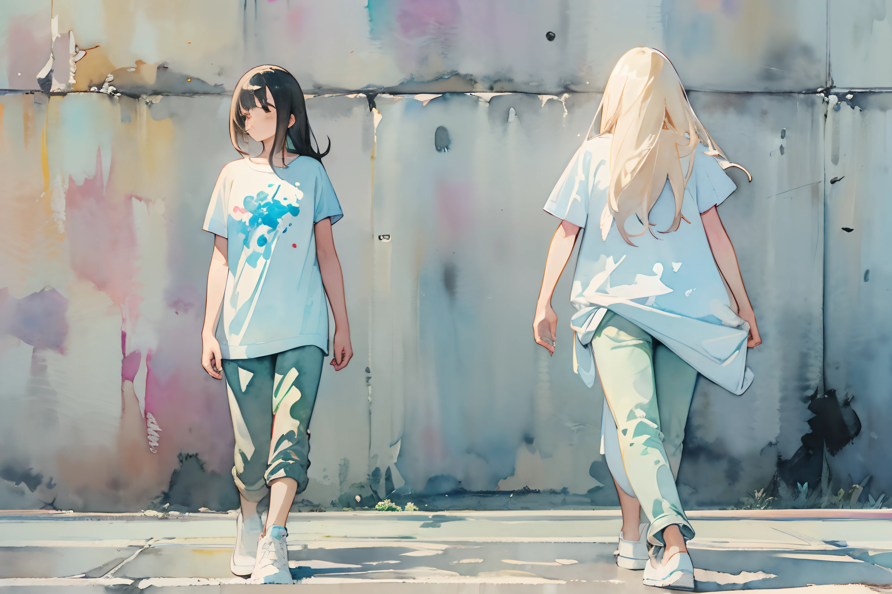 ((masutepiece)), (Professional Photography:1.2), (High Definition:1.3), Best Quality, (watercolor painting:1.3), wide shot, the beautiful concrete walls, (simple white background:1.10), pale blue, 2girl wear T-shirts, age, walking, long blond hair and long black hair