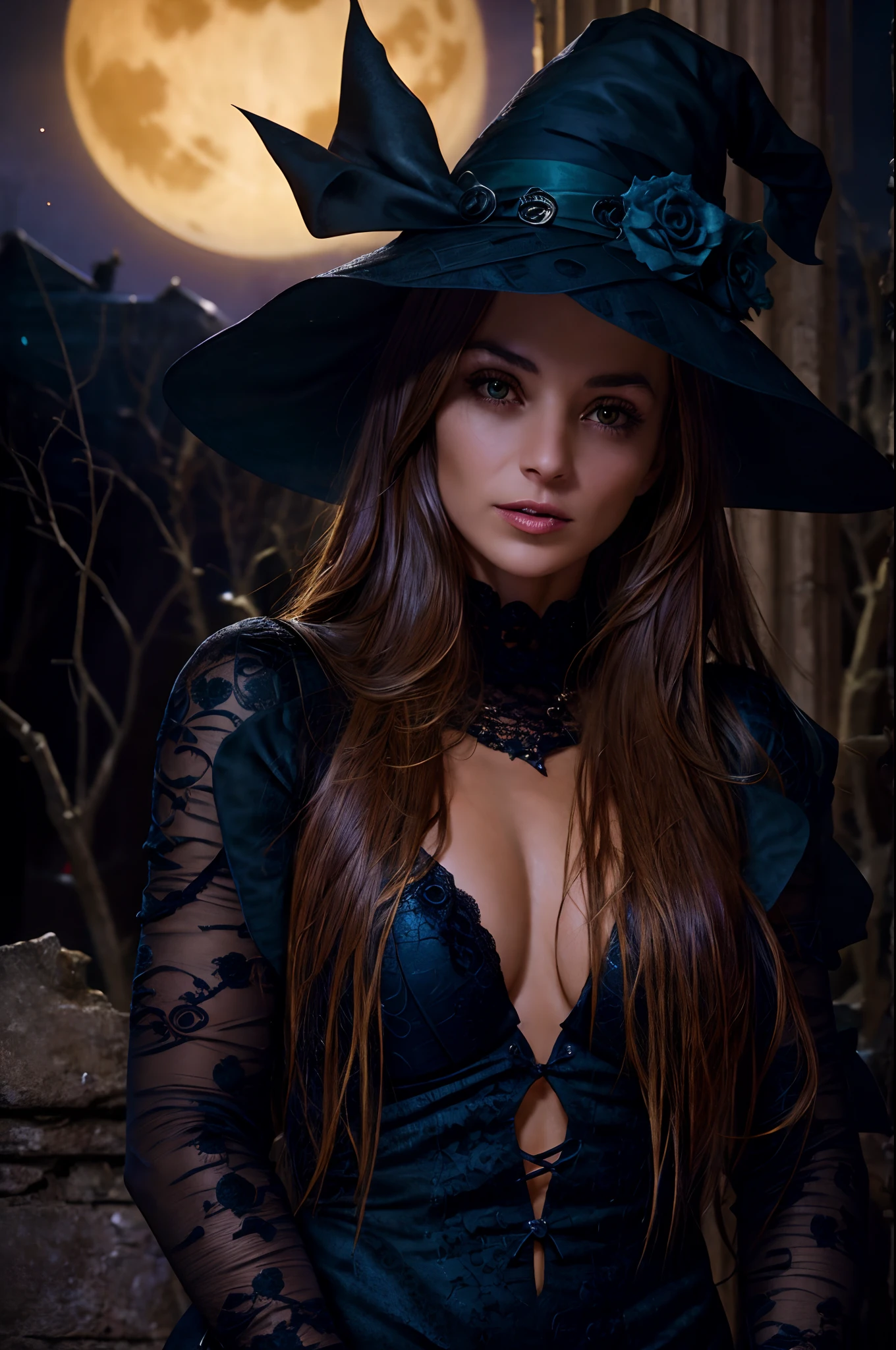 Best image quality, masterpiece level, ultra-high resolution, realism, fantasy theme, weapons, facial details, A beautiful blonde witch dressed sexy in blue lace, a pointed hat, standing amidst ancient ruins at night. The ruins are partially illuminated by the eerie glow of the full moon. A black cat with piercing green eyes sits by her side, while bats fly overhead. In the background, there is a glowing Halloween pumpkin, adding a whimsical touch to the scene. The image quality is of the best quality, with ultra-detailed and realistic elements. The overall style is dark and mysterious, capturing the essence of Halloween. The color palette consists of deep, rich colors, and the lighting creates dramatic shadows, enhancing the eerie atmosphere.