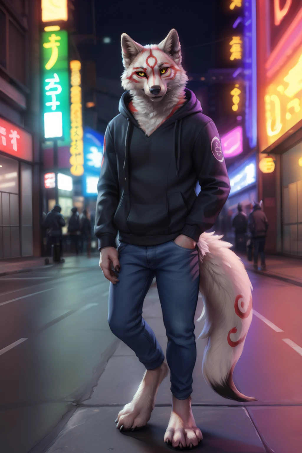 Amaterasu \(okami\), Man's, Solo, , Yellow eyes, black sclera, 4 toes, an legs, toenails, Feet, Clothed, Wearing a black hoodie, jeans, markings, White fur, Street, tokyo prefecture, neon
break,
by Lucis, by personalami, by Kenket, (Convoluted, high detailing, film photography, Soft Focus, RAW candid cinema,
Photorealism, Realistic, Photorealistic, analog style, Subsurface scattering,
masutepiece, Best Quality, A hyper-realistic, (8K))