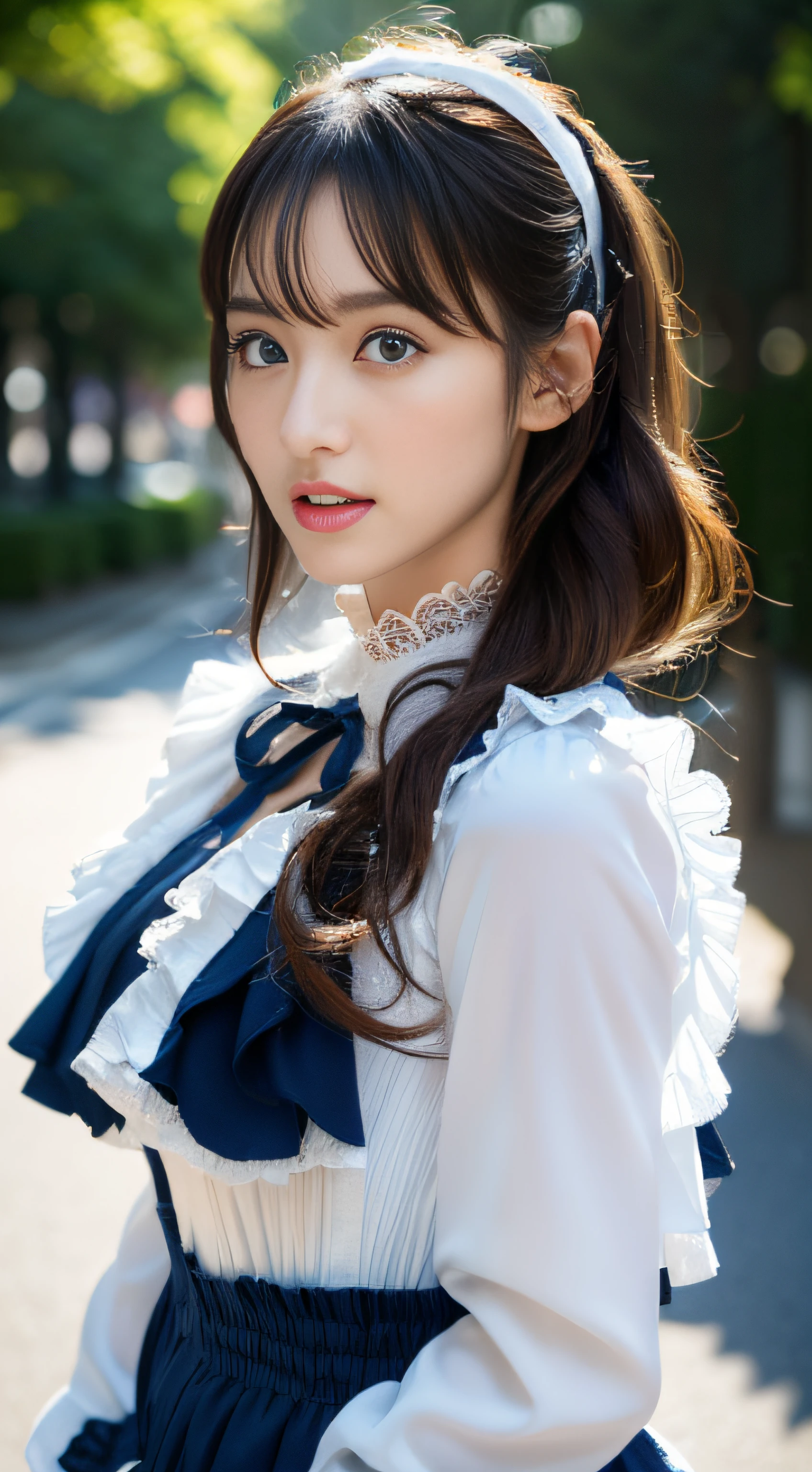 (((32K,very high res, high detailing, highly accurate,Masterpiece Girl 1))),Raw photo & realistic atmosphere,beautiful dark blue eyes,Detailed mouth,Glossy lips,Detailed eyebrows,Soft white skin that shines with every detail,,Eyes drawn in detail、Very beautiful eyes with azure eyes,Detailed lips、Very beautiful face,Very well-formed face、Lifelike face,shiny beautiful lips,Beautiful eyebrows,Infinite reality,Best design,(Insanely cute Japan 17 year old girl,Healthy style,Beautiful breasts with big breasts,Very cute beautiful girl,Little Girl:1.1),Best Natural Makeup,Japanese ido,Korean Idols,Japan Cheer Girl,Korean Cheergirls,Moist eyes,Dark beautiful eyes,Beautiful butt,beauty legs,,camel's foot,,Skinny Fingers,Detailed beautiful legs:1.3),超A high resolution、,Natural and realistic face,Back lighting,Pure eyes are too cute,(((photorealisim))),Gothic motifs, Black lace, (Lace Ruffle Socks:1.2), pannier, bonnet, corsets, (Closed collar long sleeve blouse with ruffles and ribbon latex Red:1.2), ((various colors:1.4) Aesthetic Cottage Coarnaissance Dress (a lot of layered frills:1.2) and ribbons:1.2), Voluminous panniers below (long:1.2) jumper skirt, Choker, platform shoes Volume sleeve blouse, Maxi skirt Loose silhouette dress, Leather Sandals, Fedora Hut, Chain Necklace
