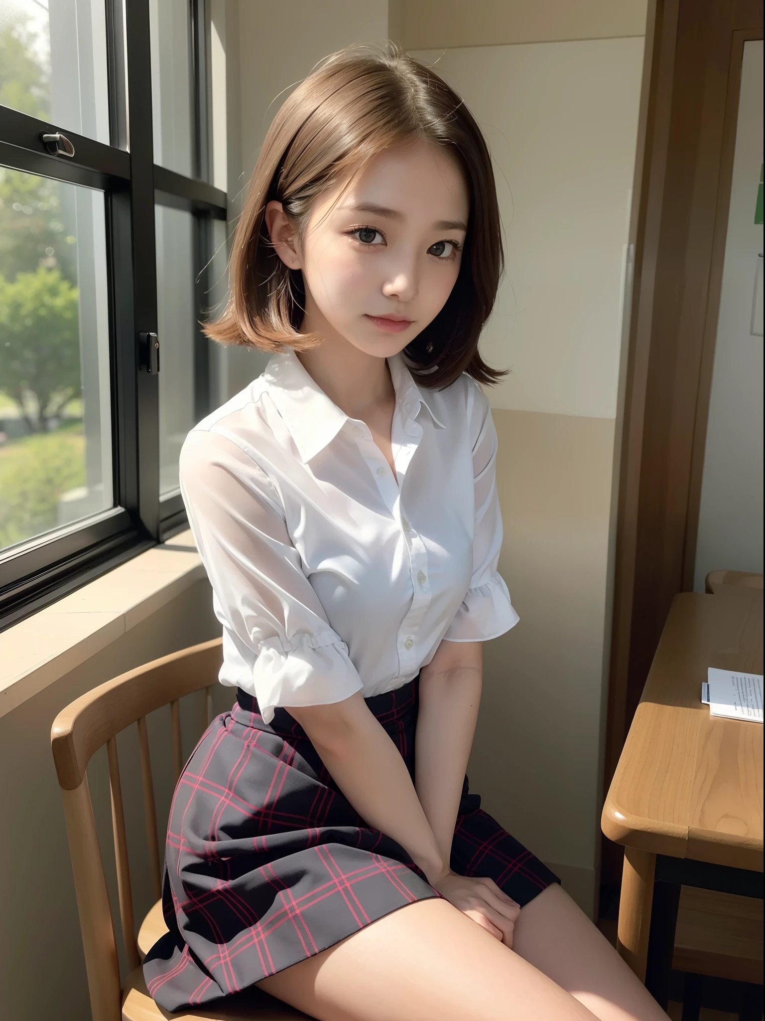 ((of the highest quality, 8K, masutepiece: 1.3, Raw photo)), Sharp Focus: 1.2, (1 AESPA Girl :1.1), Solo, (Realistic, Photorealistic: 1.37), (Face Focus: 1.1), Cute face, hyperdetailed face, short messy hair, Small Smile, small breasts, flat chest, nude, (white chiffon shirt, check skirt: 1.2), (Sitting with one knee up: 1.2), classroom, book, thigh, (roll up the skirt: 1.2), Cattleya