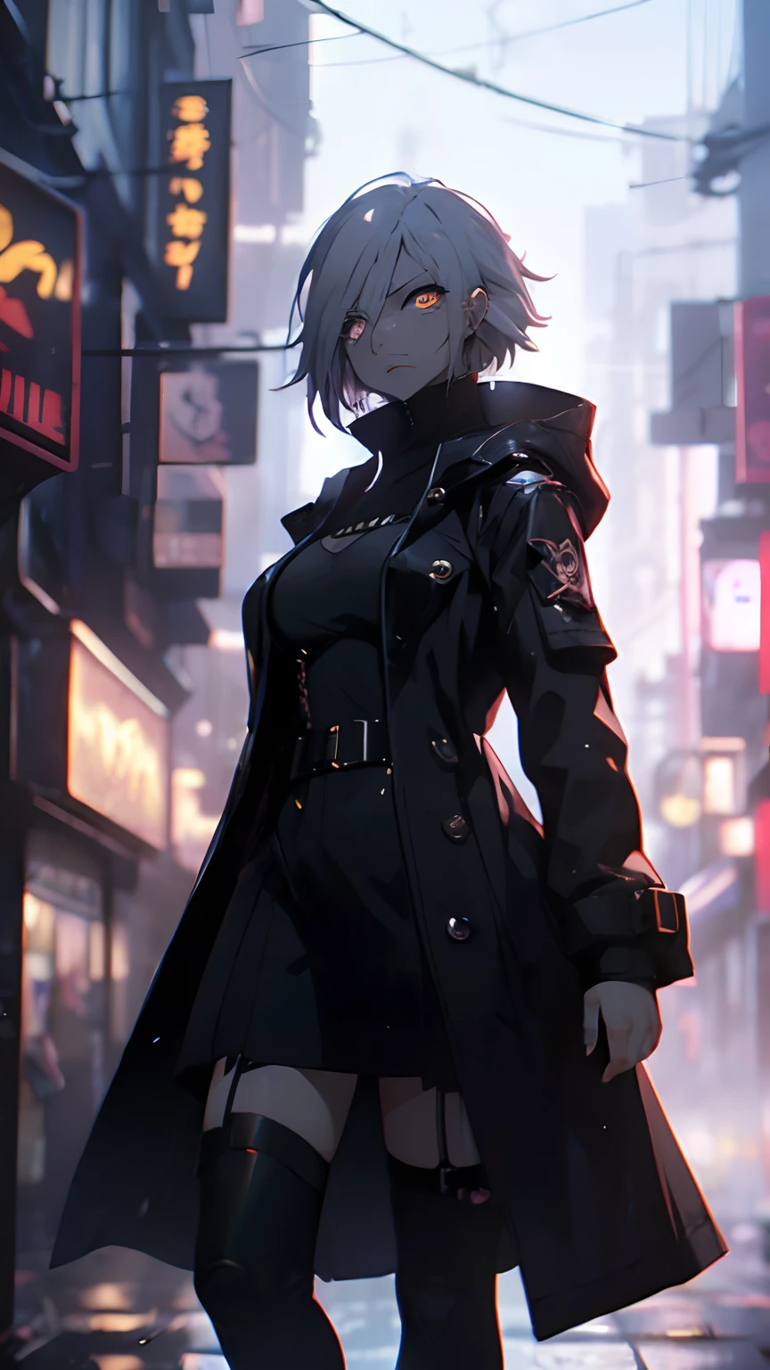 Dimaria yesta, yellow hair, black eyes, short hair, fairy tail, cyberpunk streets in, cyberpunk style, cyberpunk white outfit, has cyberpunk style, oppai cyberpunk, Ultra HD Quality, ((sharp face, Smudged eyes, blurred pupils)), official art, mature, 30 years old, ((fog irises)), (((foggy eyes, dead eyes, deep shaded eyes, blurry eyes, fuzzy eyes))), lifeless expression, walking in the street, evil, terrifying, full body.