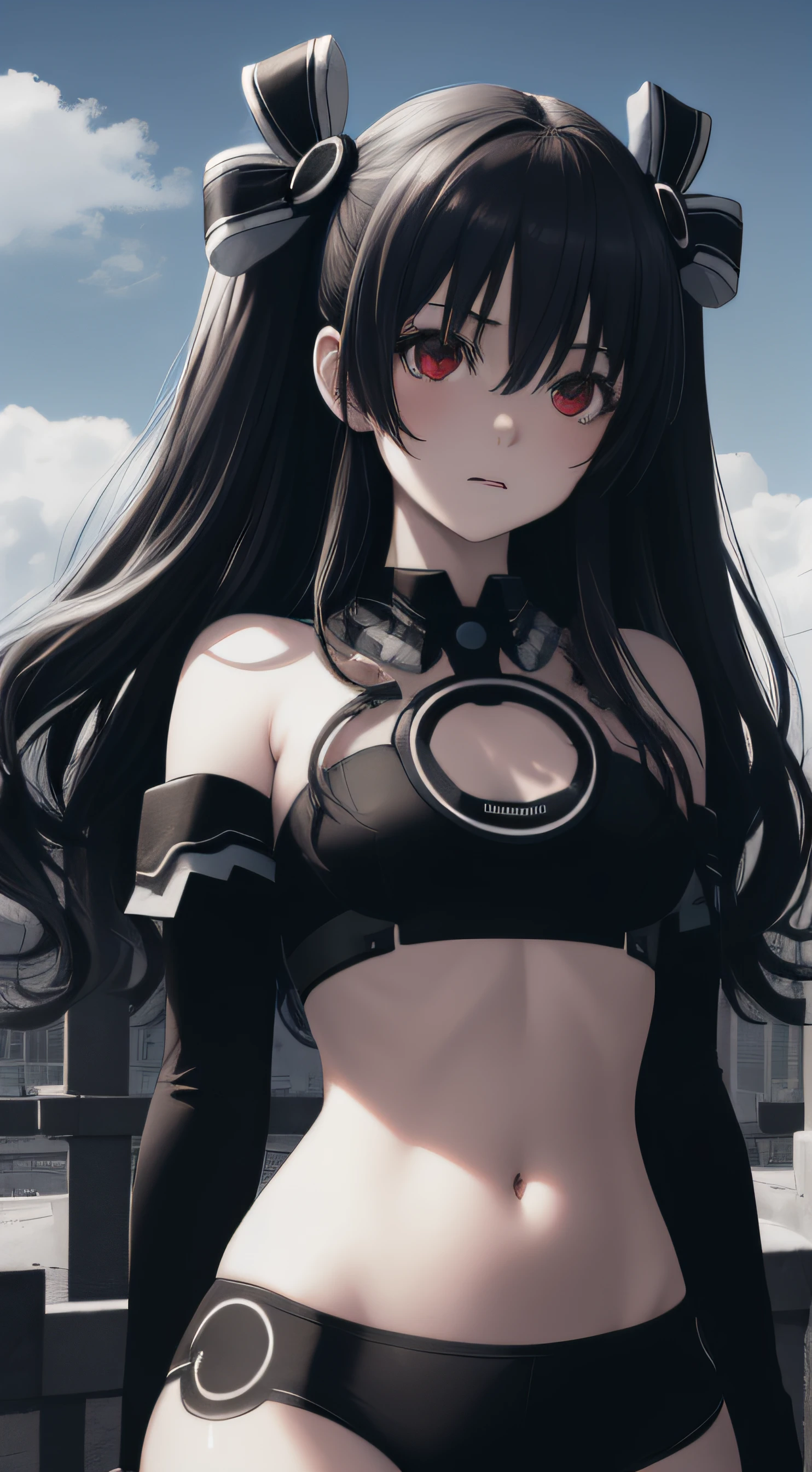 Perfect human body modeling, 1 girl, cute girl, pretty face, bitter smile, 12 years old, Beautiful black long hair, beautiful jet black eyes, flat chest, small build, No muscles, white skin, 2B, Nier automate dressing in costume, esp. as a manga character, A devastated world, cities eroded by vegetation