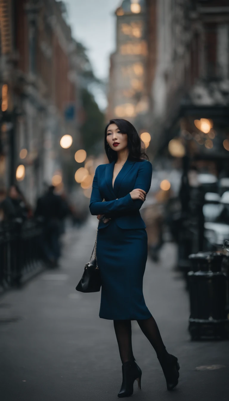 stocklings,boot,tightsuit,exquisite facial features,a asian beauty,tall nose bridge,largeeyes,blue hairs,Busy city streets,Full breasts,Plump buttocks