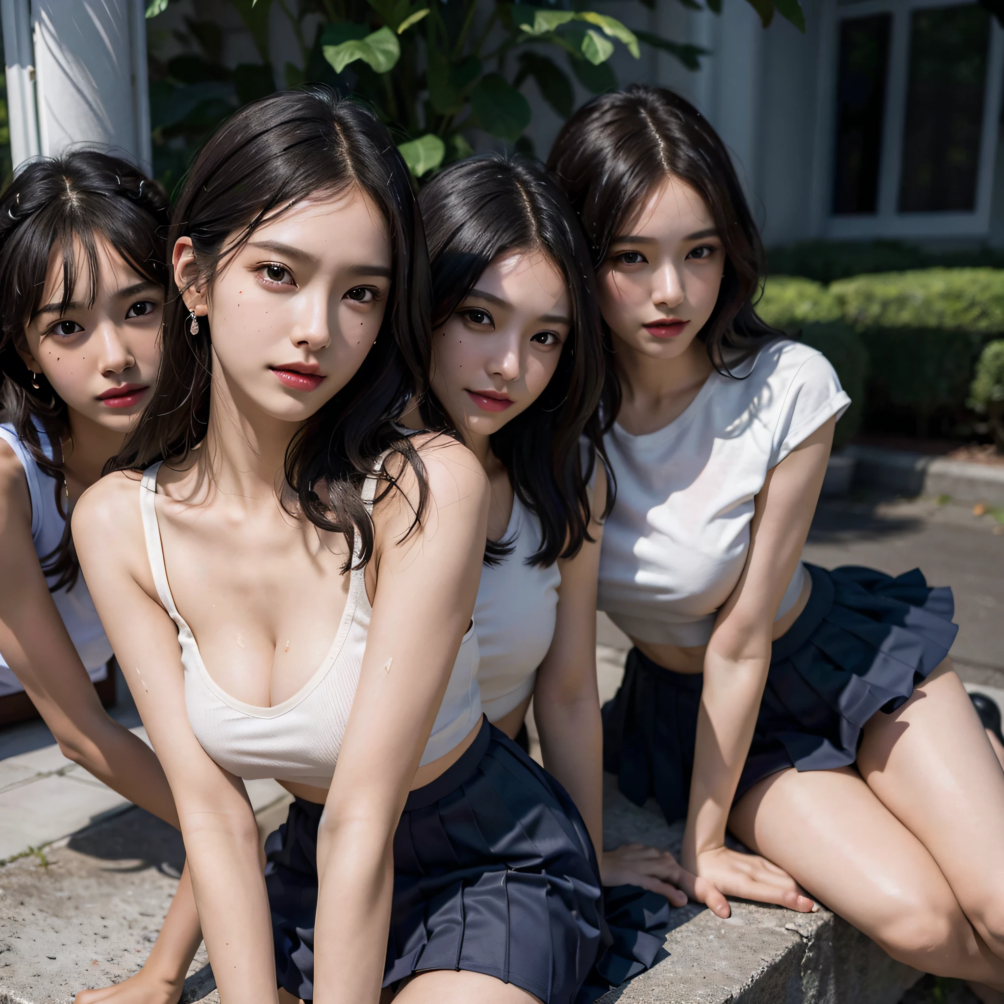 absurdres, RAW photo, extremely delicate and beautiful, masterpiece, Best Quality, ultra high resolution, 16k, hyperrealistic, ultra-detailed, Very detailed CG 8k wallpaper, Beautiful Lighting, Perfect Lightning, Realistic Shadows, perfect anatomy, super Detailed skin, perfect figure, Japanese woman, late 20s, very Slim body, narrow waist, very small head, handsome detailed woman, very detailed eyes and face, realistic face proportions, Stunning detailed eyes, Realistic beautiful face, very small face, Realistic small beautiful eyes, double eyelids, makeup, tearful mole, mole on chest, earring, bare legs, beautiful and very thin legs, beautiful and very thin thighs, (very huge round breasts:1.3), short hair, wavy hair, sweat, (full body shot), sleeveless, bare arms, bare legs, tight-fitting, midriff peek, cleavage, Fine Collarbone, (3 girls:1.5), (school uniform:1.3), outdoor,