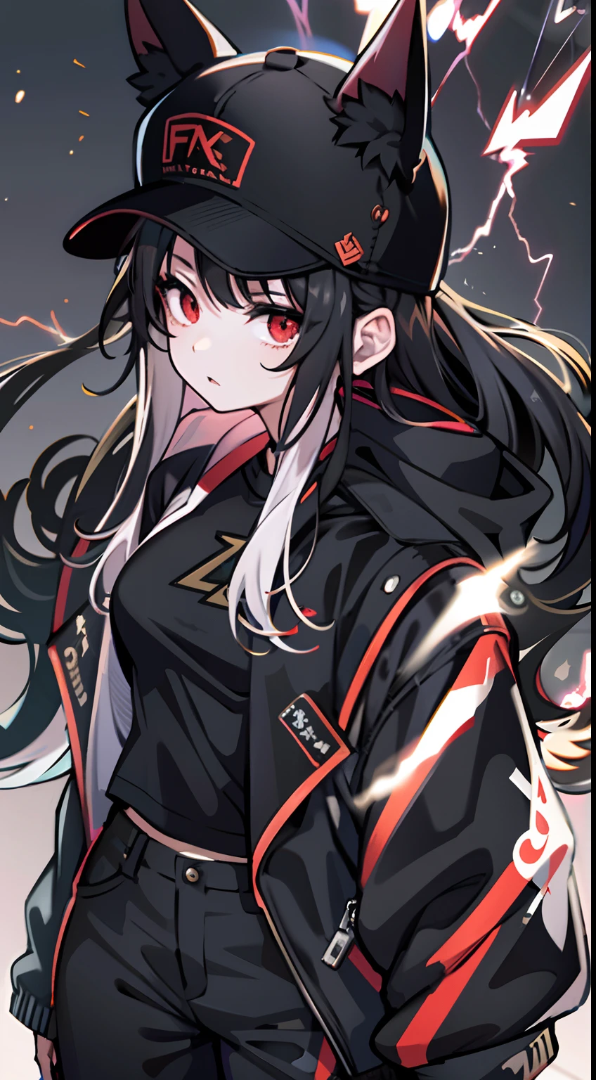 upper body, 1woman, black hair, Long Haired, red eyes, (streetwear style), black jacket, big breats, wallpaper, Lightning background, light particles, (masterpiece), best quality, Top Quality, pale white skin, solo, black cap, midriff, Lightning Style, Fox ears, Fox Tails