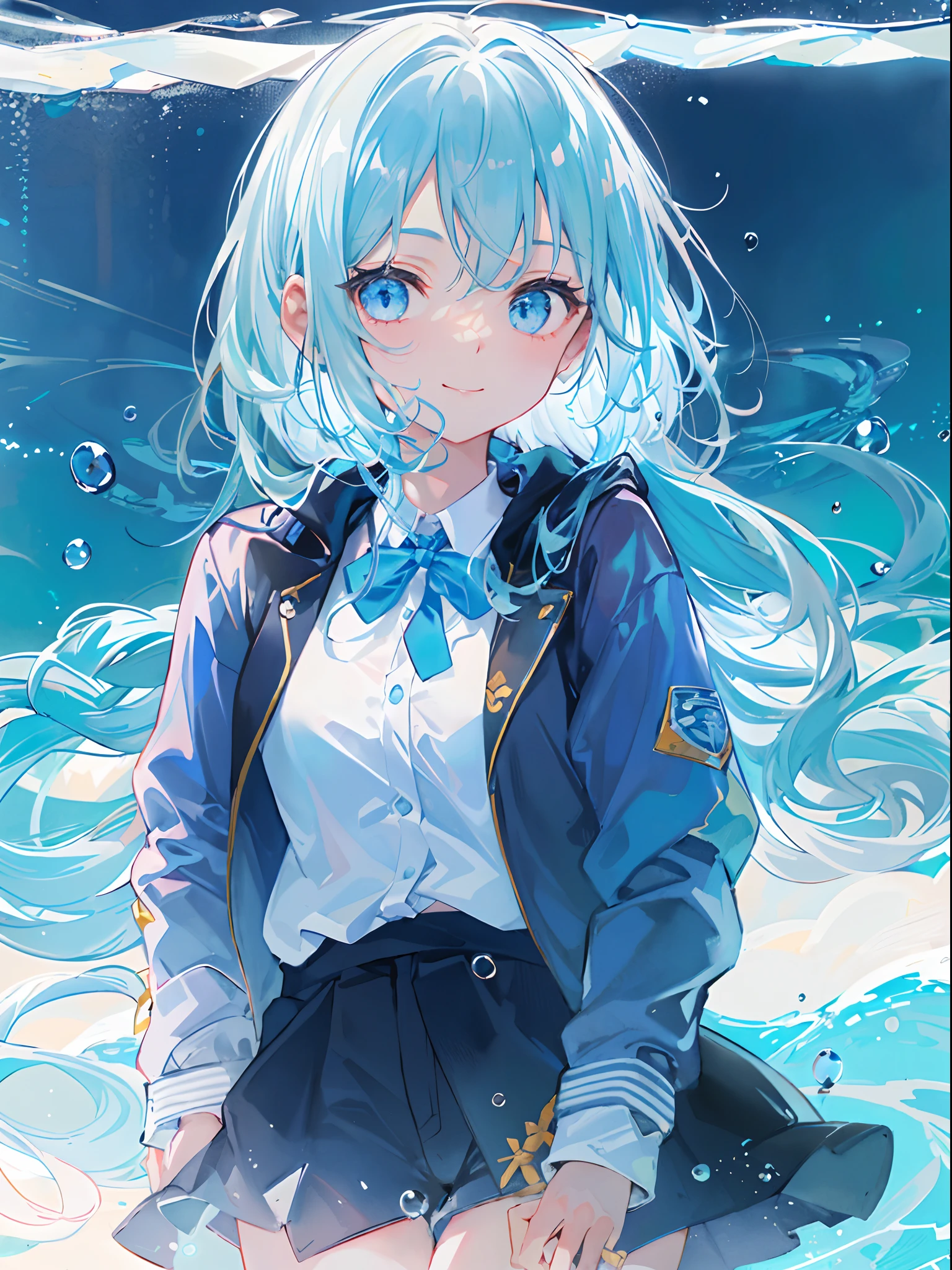 Anime girl with blue hair and blue eyes standing in water - SeaArt AI