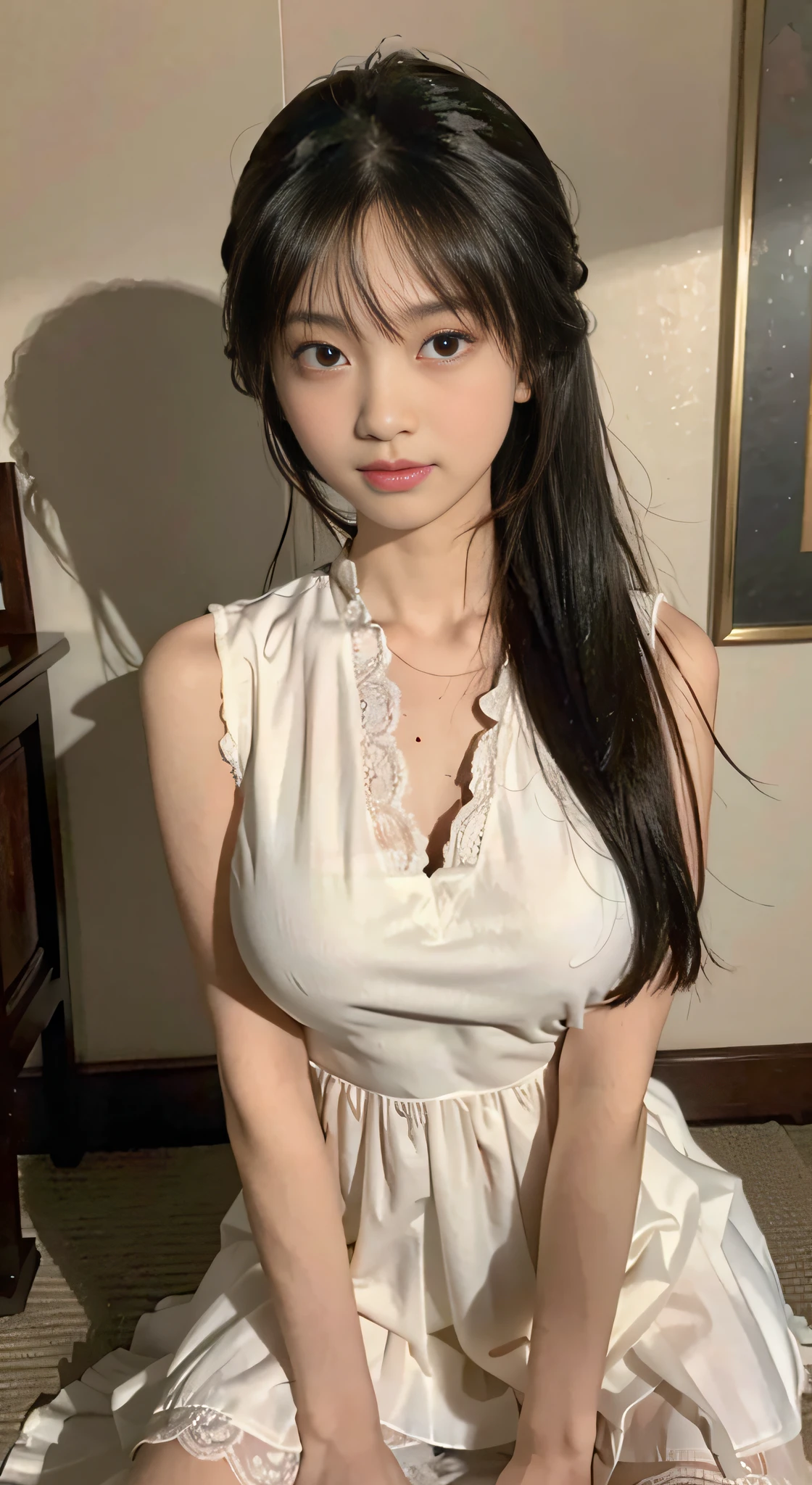 Master quality, Highest quality, Best picture quality, Exaggerated details, A cute 8 year old asian girl,The expression is shy, Slightly squinted eyes, Adjust her hair, Long eyelashes (Long hair / Very, Very exaggerated, Big tits / Petticoat dress paper towels, ), Pose and sit in front of the camera, Wet-chested Hanfu, Slim and high-waist, Silk lace, gold detail , Sativa details