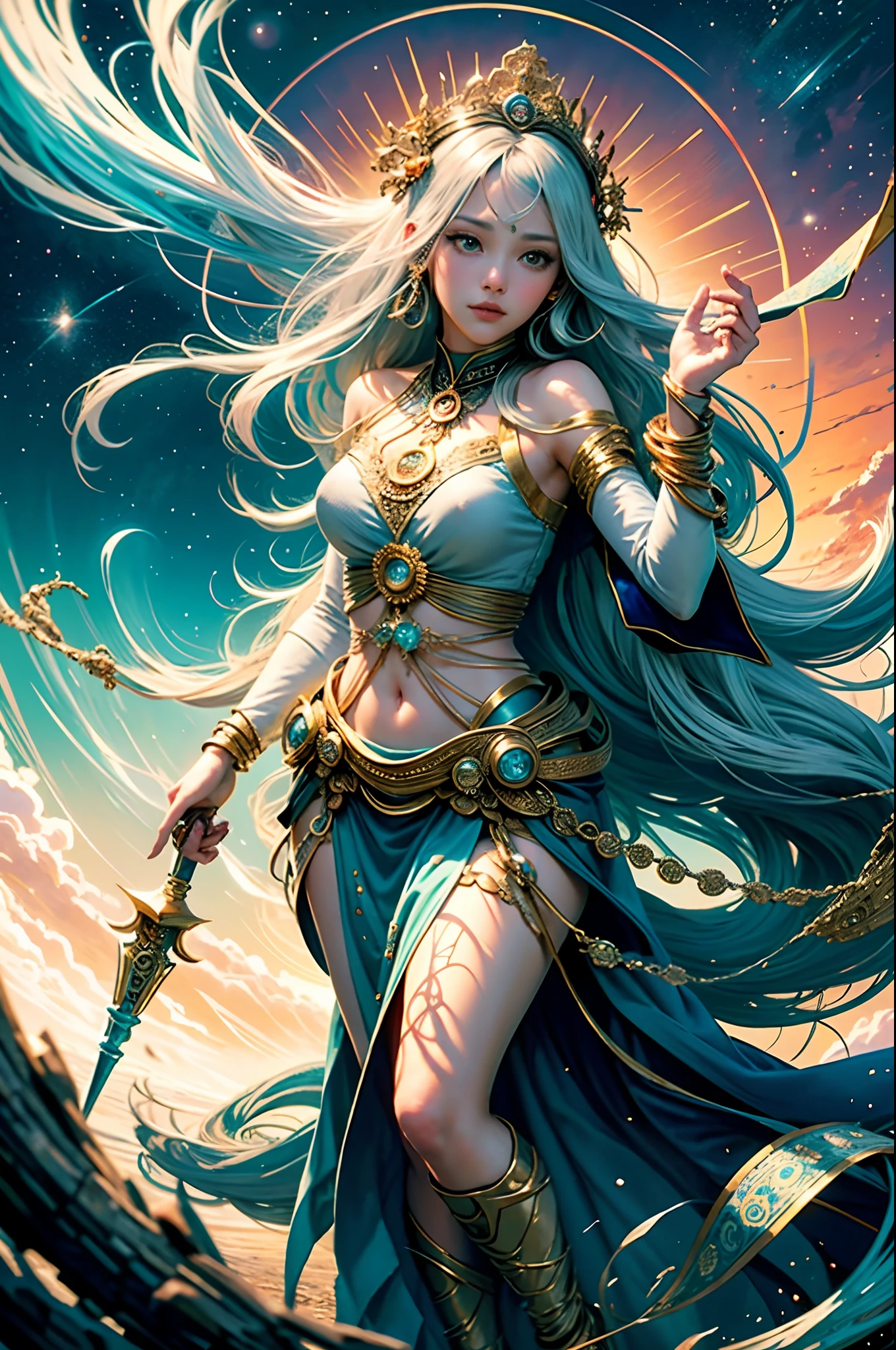 Full body like official art, 8K unit wallpaper, super detailed, beautiful beauty, high quality, beautiful, masterpiece, best quality (zen, mandala, tangled, tangled: 0.6), young goddess in her 20s, silver long hair, sun goddess,
