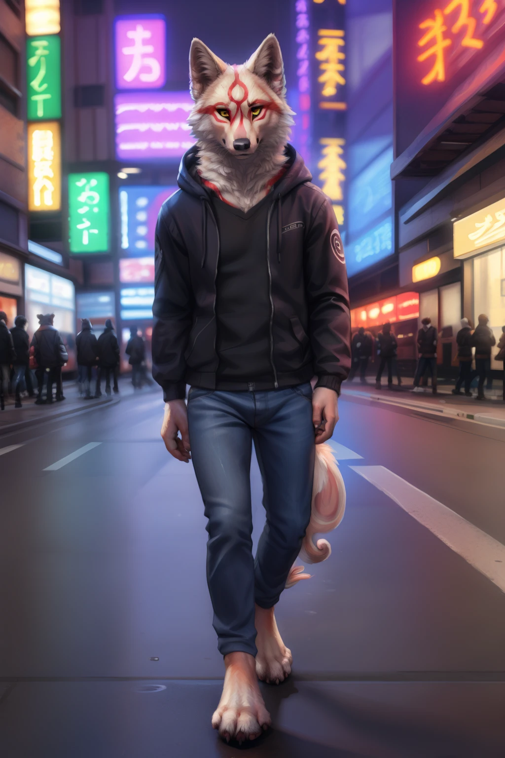 Amaterasu \(okami\), Man's, Solo, , Yellow eyes, black sclera, 4 toes, an legs, toenails, Feet, Clothed, Wearing a black hoodie, jeans, markings, White fur, Street, tokyo prefecture, neon
break,
by Lucis, by personalami, by Kenket, (Convoluted, high detailing, film photography, Soft Focus, RAW candid cinema,
Photorealism, Realistic, Photorealistic, analog style, Subsurface scattering,
masutepiece, Best Quality, A hyper-realistic, (8K))