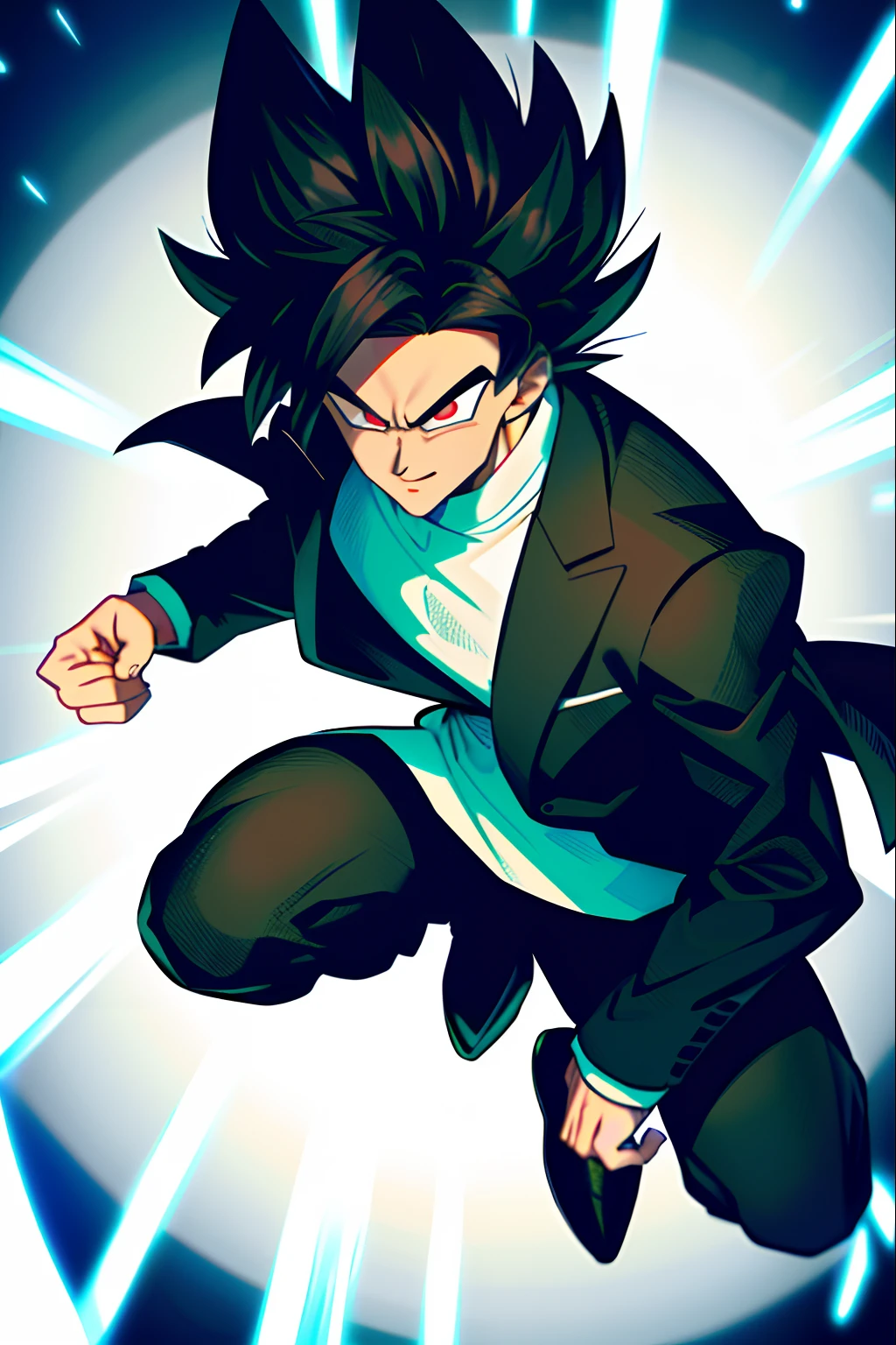 A new character , man with a black jacket and white shirt , black pushed back haircut, black hair, DBZM Dragon Ball, stunning aura, lots of action , lots of Ki energy, grass background , black ClothMask , red eyes