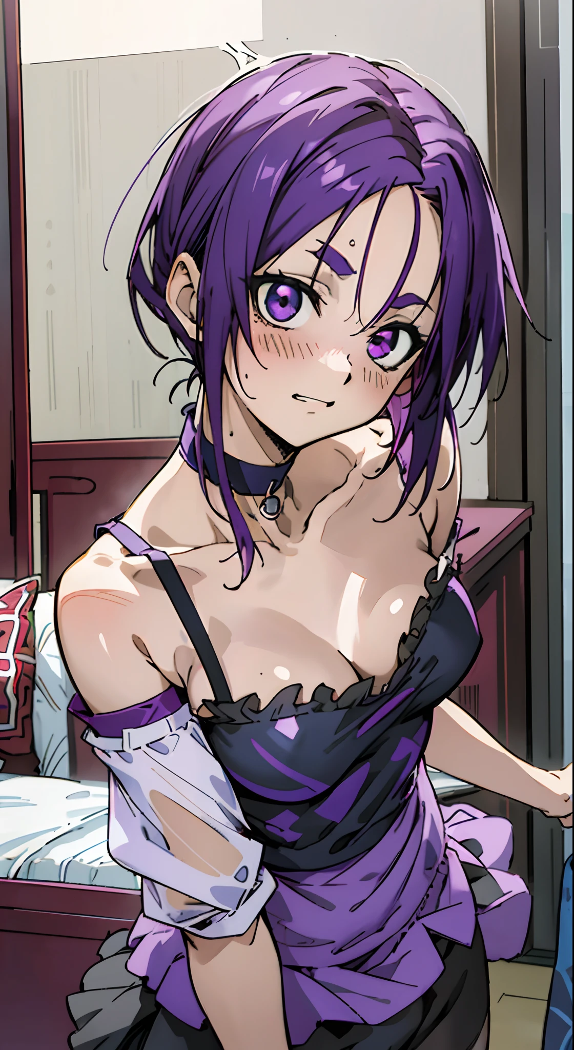 masutepiece, Best Quality, Ultra-detailed, Colorful,Up-close, Hyper-detailing,purple color hair, Reo Mikage, Blue Lock, no sleeves, Camisole, Blue Camisole, Cheongsam, chinese clothes, Skirt under dress, frilly pannier, Chest exposure, Underwear, Ruffled underwear, Metamorphosis is exposed, Choker, Black Choker, arm warmer, Sexy breasts, Scar, Big breasts, red blush, 1girl in, Solo, Sharp face, Heterochromia, Green eyes, Purple eyes, Bare neck, Happy face, Bedroom, bed, Bare legged, leggins, Black Leggings, PILLOWS, Blue pillow