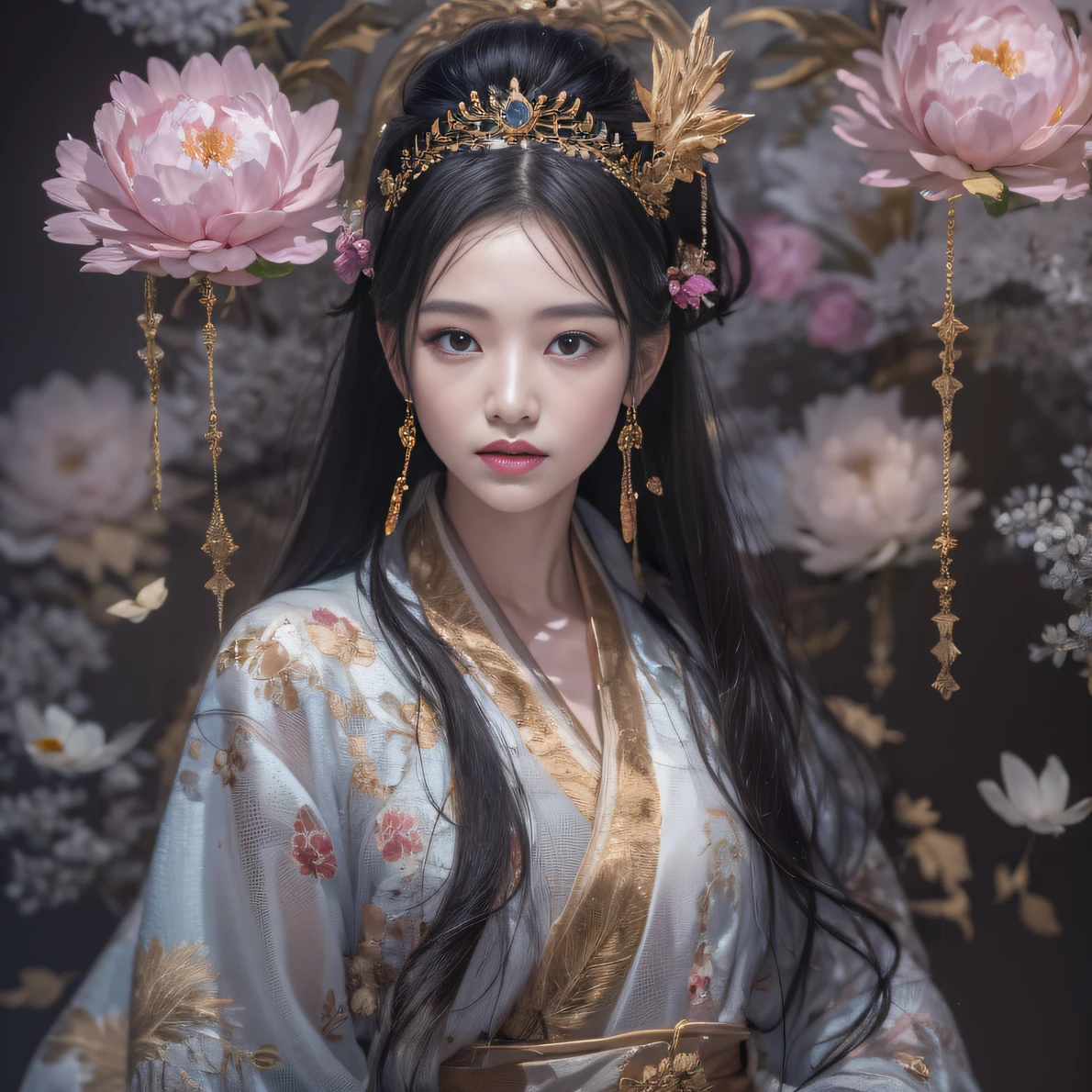 32K（tmasterpiece，k hd，hyper HD，32K）Long flowing black hair，Gold jewelry area in the back room，Smoke ring girl ，Peony flowers fly （realisticlying：1.4），Carp pattern robe，Purple-pink tiara，Pear blossoms flutter，The background is pure，Hold your head high，Be proud，The nostrils look at people， A high resolution， the detail， RAW photogr， Sharp Re， Nikon D850 Film Stock Photo by Jefferies Lee 4 Kodak Portra 400 Camera F1.6 shots, Rich colors, ultra-realistic vivid textures, Dramatic lighting, Unreal Engine Art Station Trend, cinestir 800，Hold your head high，Be proud，The nostrils look at people，32K（tmasterpiece，k hd，hyper HD，32K）Long flowing black hair，Backroom pond，zydink， a color， Asian people （A unicorn）， （Silk scarf）， Combat posture， looking at viewert， long whitr hair， Floating hair， Hanfu， Chinese clothes， longer sleeves， （abstract ink splash：1.2）， white backgrounid，Kirin Beast Protector （realisticlying：1.4）， （realisticlying：1.4），，The nostrils look at people， A high resolution， the detail， RAW photogr， Sharp Re，