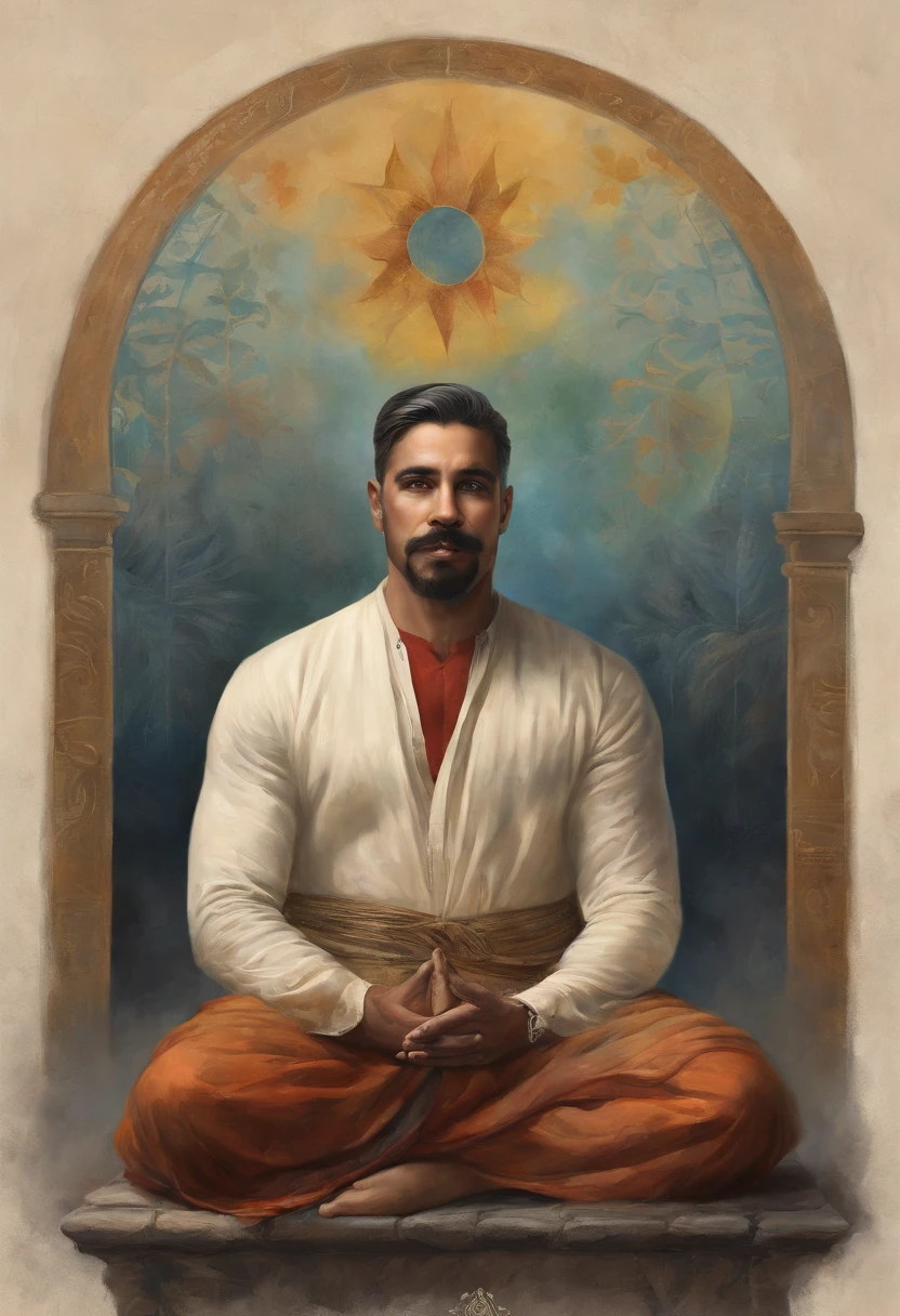 homem maduro, sitting in a meditation position, diante de um orisonte lindo, com o sol se pondo, in connection with the divine, foto de retrato, Directed by: Drew Tucker, Directed by: Adam Marczyński, Directed by: Alexander Kucharsky, Directed by: Gavin Nolan, Surrealismo 8K, Directed by: Jason Felix, Yuri Shwedoff e Tom Bagshaw, arte ilustrativa, Estilo Erik Johansson