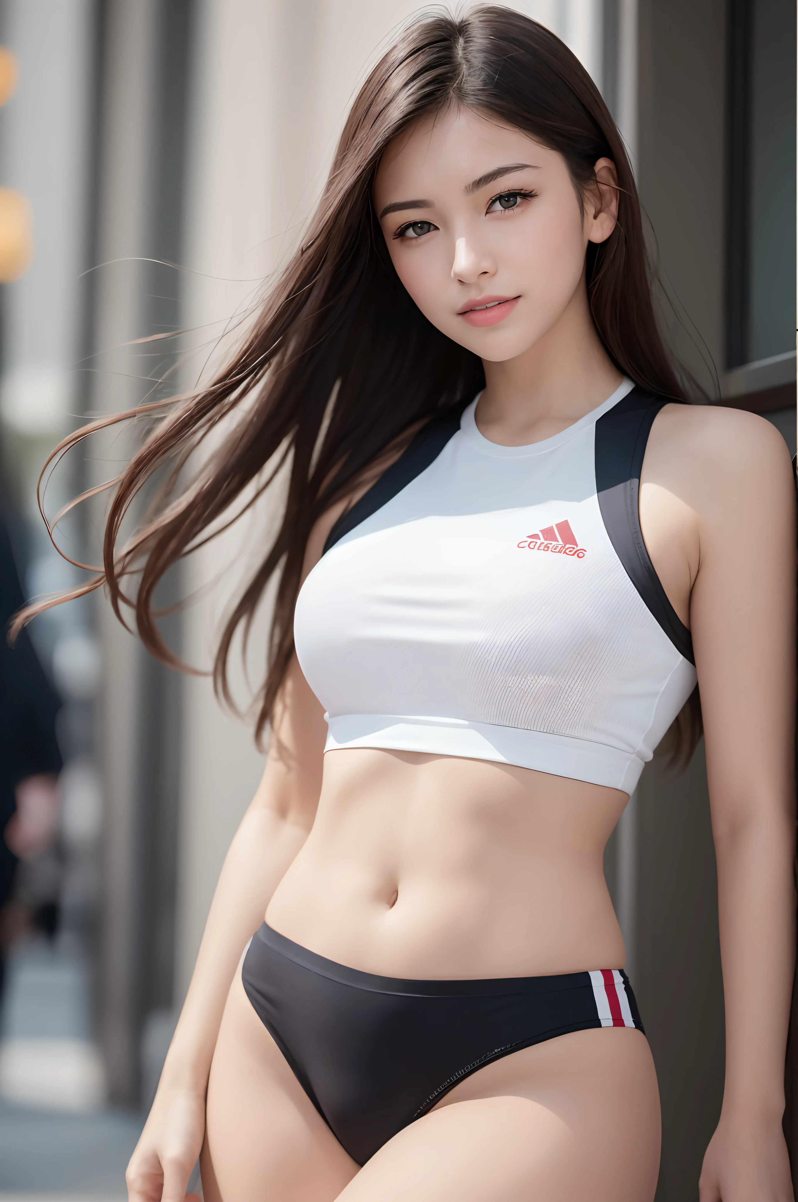 (8K, Top quality, Meisterwerk: 1.2), (realistisch, fotorealistisch: 1.37), Super detailliert, 1人, 20 Jahre alt, big, beauty, niedlich, smil, nur, Leichtathletik, Nabel, Uniform, (Nase Rot), (smil: 1.15), (Mund geschlossen), gorgeous eyes, (Lange Haare: 1.2), Floating Hair Novafrog Style, upper body