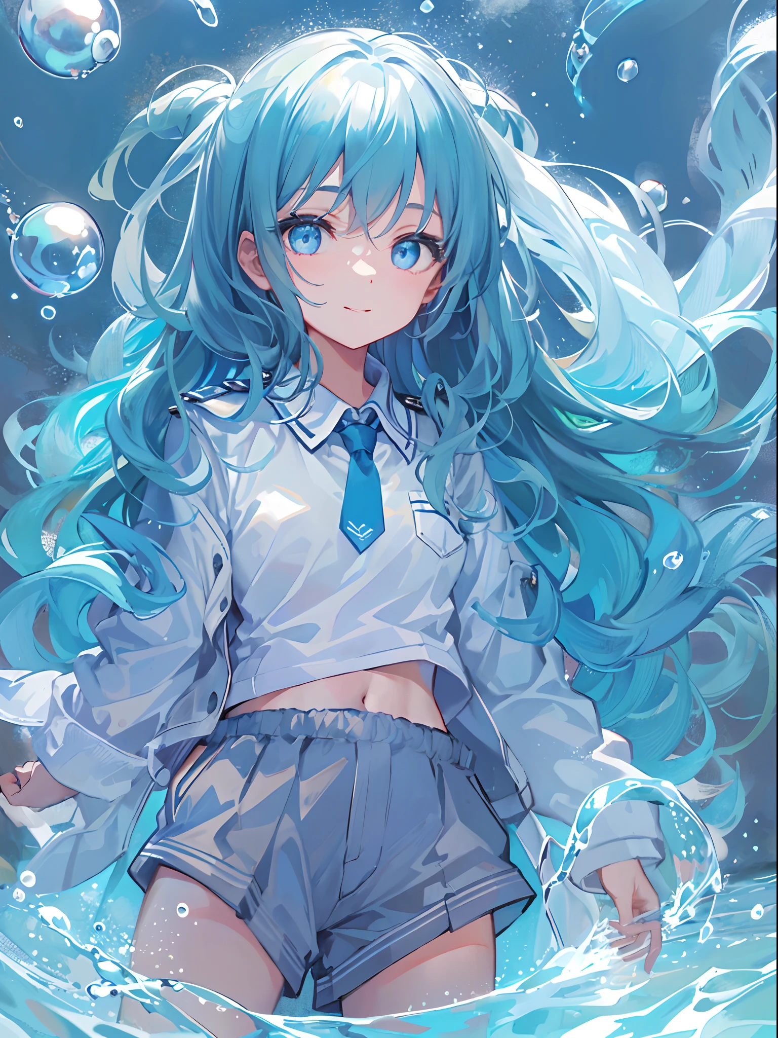 ((top-quality)), ((masterpiece)), ((ultra-detailliert)), (extremely delicate and beautiful), girl with, 独奏, cold attitude,((Black jacket)),She is very(relax)with the(Settled down)Looks,A dark-haired, depth of fields,evil smile,Bubble, under the water, Air bubble,bright light blue eyes,Inner color with light blue hair and light blue tips,Cold background,Bob Hair - Linear Art, shortpants、knee high socks、White uniform like school uniform、Light blue ribbon ties、Clothes are sheer、Hands in pockets、Bright eyes like sapphires,flourescent blue, There was a little blue light floating around、Upper eyes、
