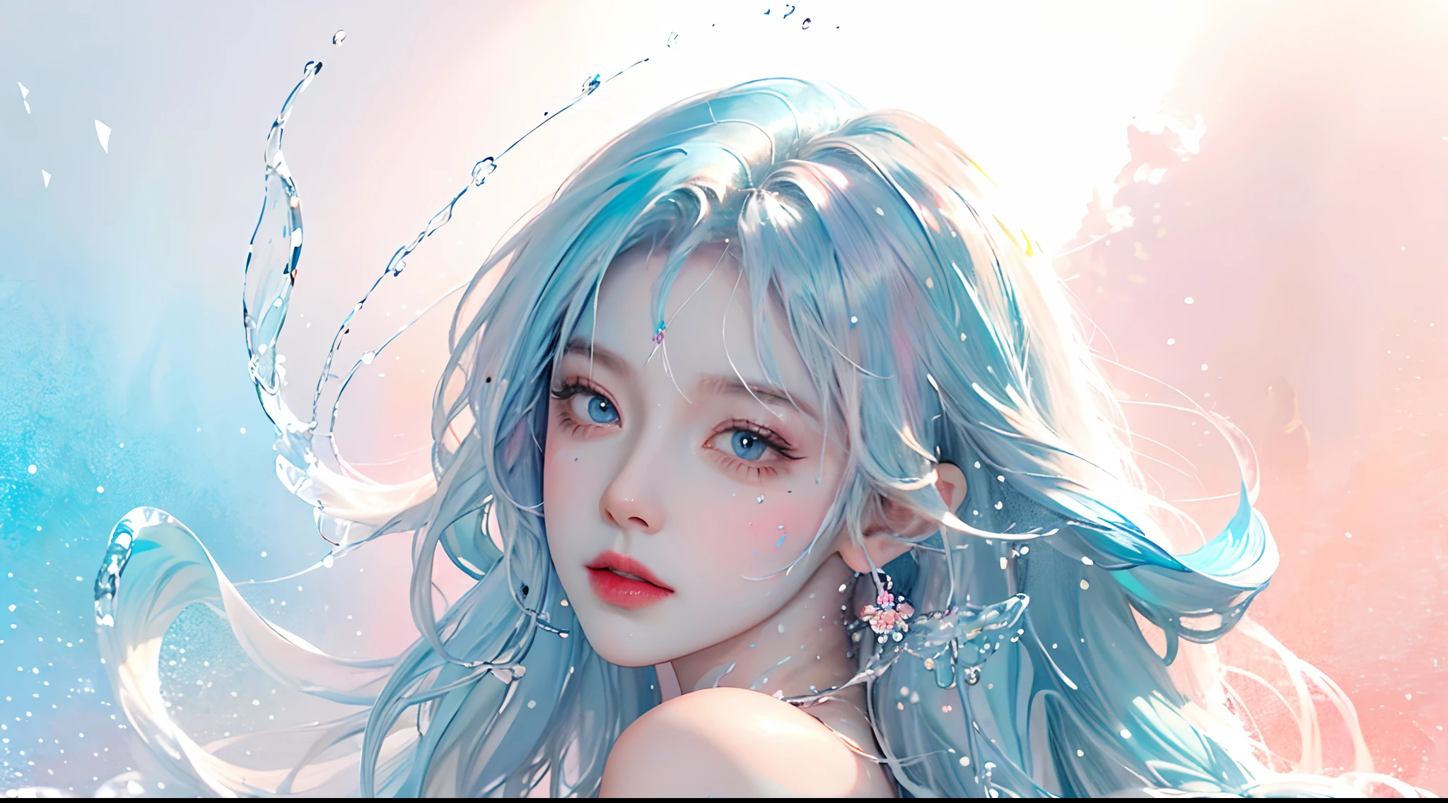 (Masterpiece, Best Quality, High Resolution), White Background, Acrylic Paint, ((Color Splash, Splash of Ink, Color Splash)), Sweet Chinese Girl, Long Light Blue Hair, [Light Blue|Pink] Hair, Curly Hair, Glitter, Peach Lips, White Shirt, Front, Upper Body