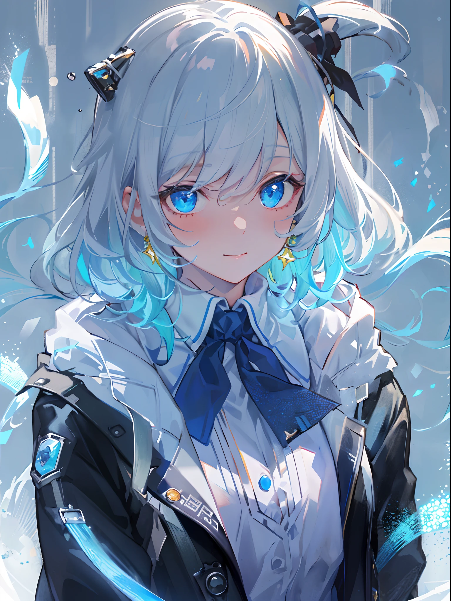 ((top-quality)), ((​masterpiece)), ((ultra-detailliert)), (extremely delicate and beautiful), girl with, 独奏, cold attitude,((Black jacket)),She is very(relax)with the(Settled down)Looks,A dark-haired, depth of fields,evil smile,Bubble, under the water, Air bubble,bright light blue eyes,Inner color with light white hair and and light blue tips,Cold background,Bob Hair - Linear Art, shortpants、knee high socks、White uniform like school uniform、Light blue ribbon ties、Clothes are sheer、Hands in pockets、Bright eyes like sapphires,flourescent blue, There was a little blue light floating around、Upper eyes、