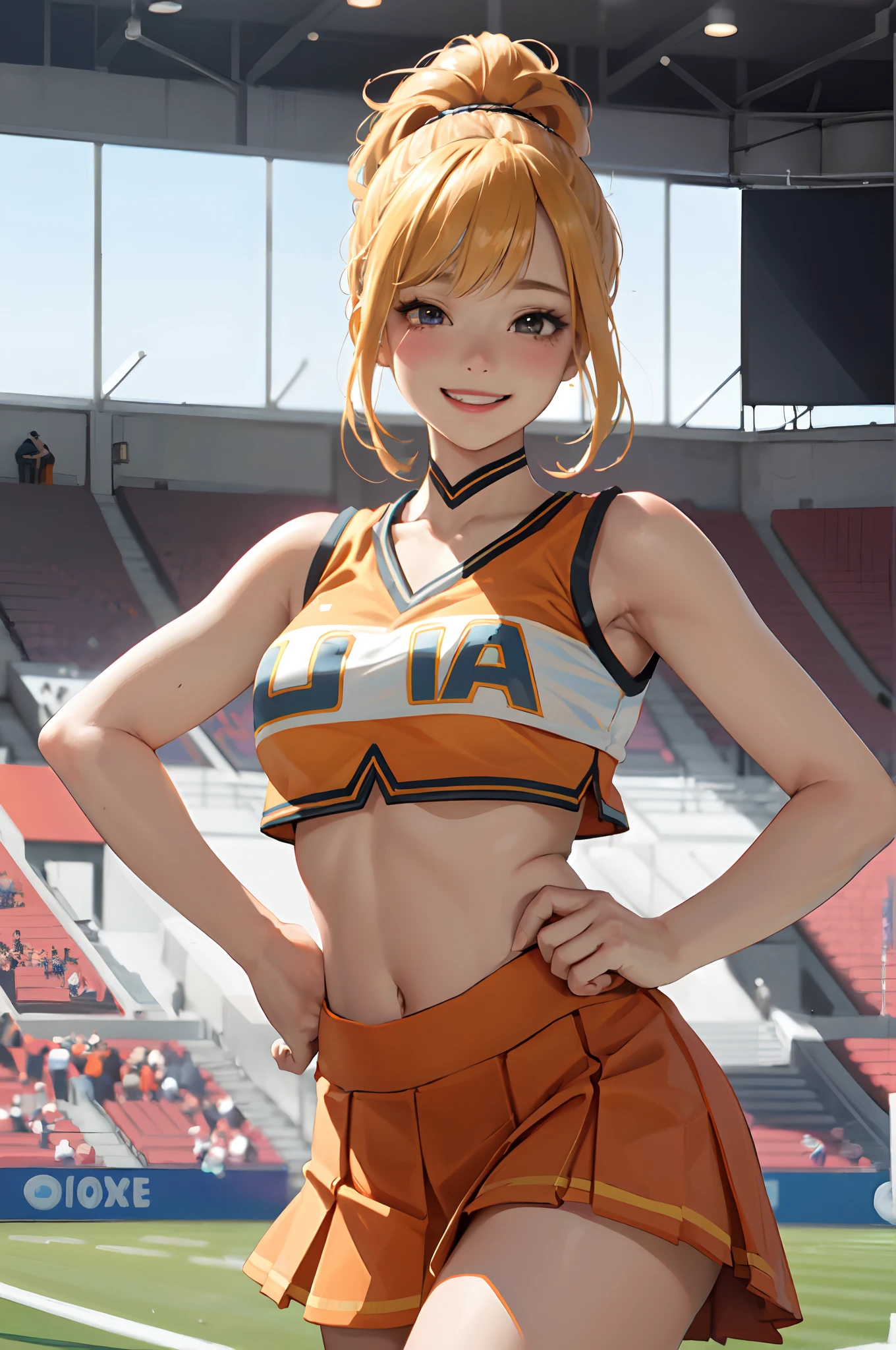 1lady solo, U.A. CheerUniform, pom pom /(cheerleading/), /(orange crop top orange skirt/), /(blond hair/), blush big smile, (masterpiece best quality:1.3) delicate illustration ultra-detailed , large breasts BREAK /(sports stadium indoors seat audience/) lawn