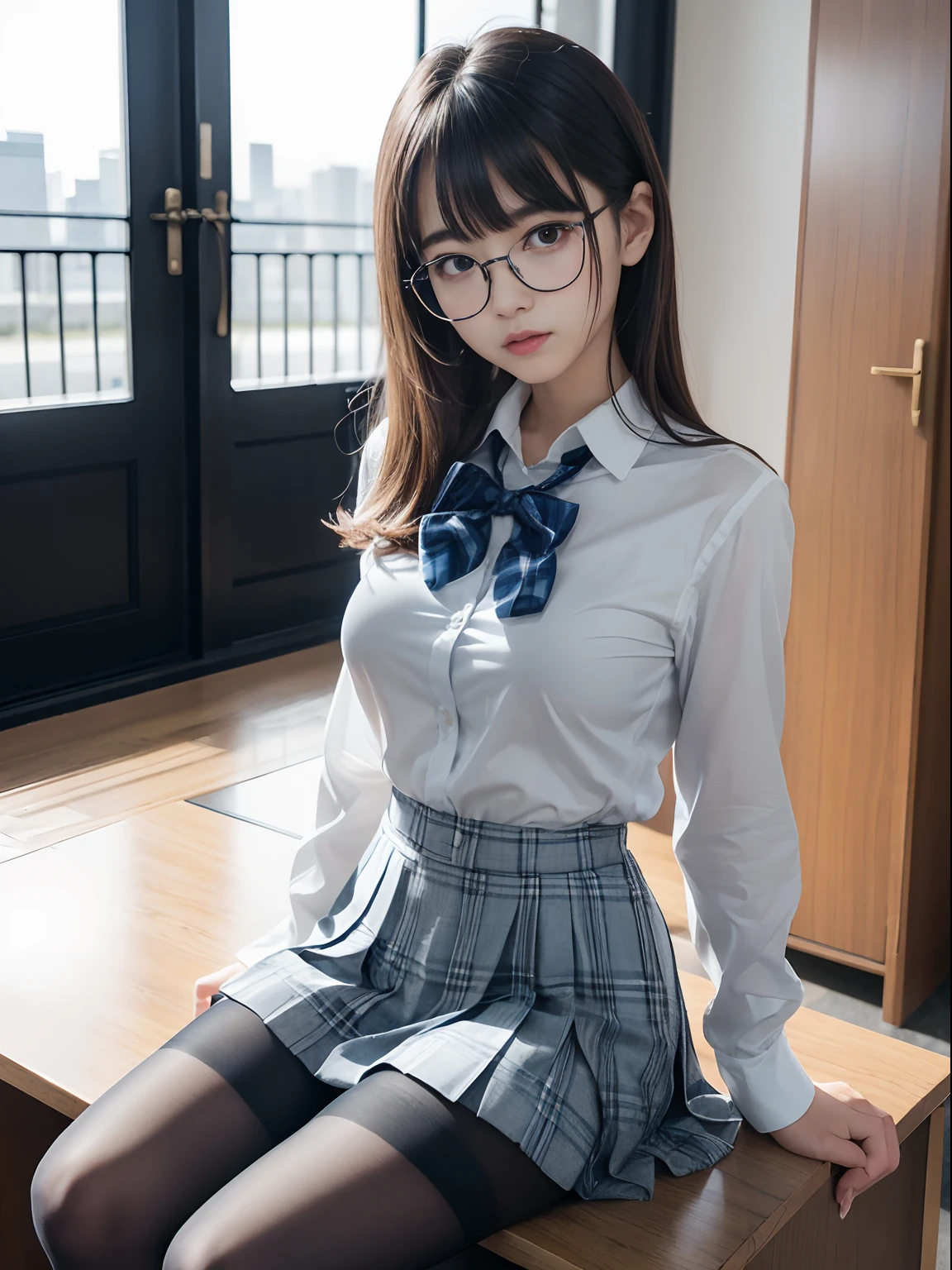 （8K、Raw photography、top-quality、​masterpiece：1.2),Black pantyhose,absurderes,a small face,small tits,flat breast,Parting the bangs from the middle、Forehead visible,(Tight eyes,Bullish,skinny,Rasping,irate)、​masterpiece,top-quality、超A high resolution,Raw photo,ren,Beautiful fece,One Person, 独奏,eye glass,,Dark look,fullllbody,Round glasses、cute little、A Japanese Lady,is standing,(Tight eyes,Bullish,skinny、（Photorealsitic：1.37）、Photon mapping,Light blue ribbon,Realistic、Cute little face,Brown-eyed、Black socks、(Red bow tie)、Radio City、Physically Based Rendering、Foreground、depth of fields、Blurry background、a picture,The girls、Body, Long legs, Thin leg,poneyTail,(Bangs are visible), hair, s lips, Blue_The eye, nosesoft,White Lingerie, Navy blue and white plaid pleated skirt, Knees are visible,Sheer clothing,, Thigh, Black cotton socks,Nogizaka Idol, 女優, Japanese ido、large boob、Expose your breasts