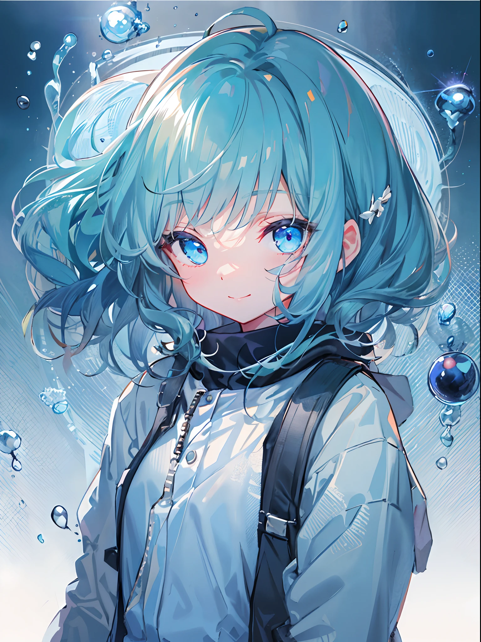 ((top-quality)), ((masterpiece)), ((ultra-detailliert)), (extremely delicate and beautiful), girl with, 独奏, cold attitude,((Black jacket)),She is very(relax)with the(Settled down)Looks,A dark-haired, depth of fields,evil smile,Bubble, under the water, Air bubble,bright light blue eyes,Inner color with light blue hair and light blue tips,Cold background,Bob Hair - Linear Art, shortpants、knee high socks、White uniform like school uniform、Light blue ribbon ties、Clothes are sheer、Hands in pockets、Bright eyes like sapphires,flourescent blue, There was a little blue light floating around、Upper eyes、