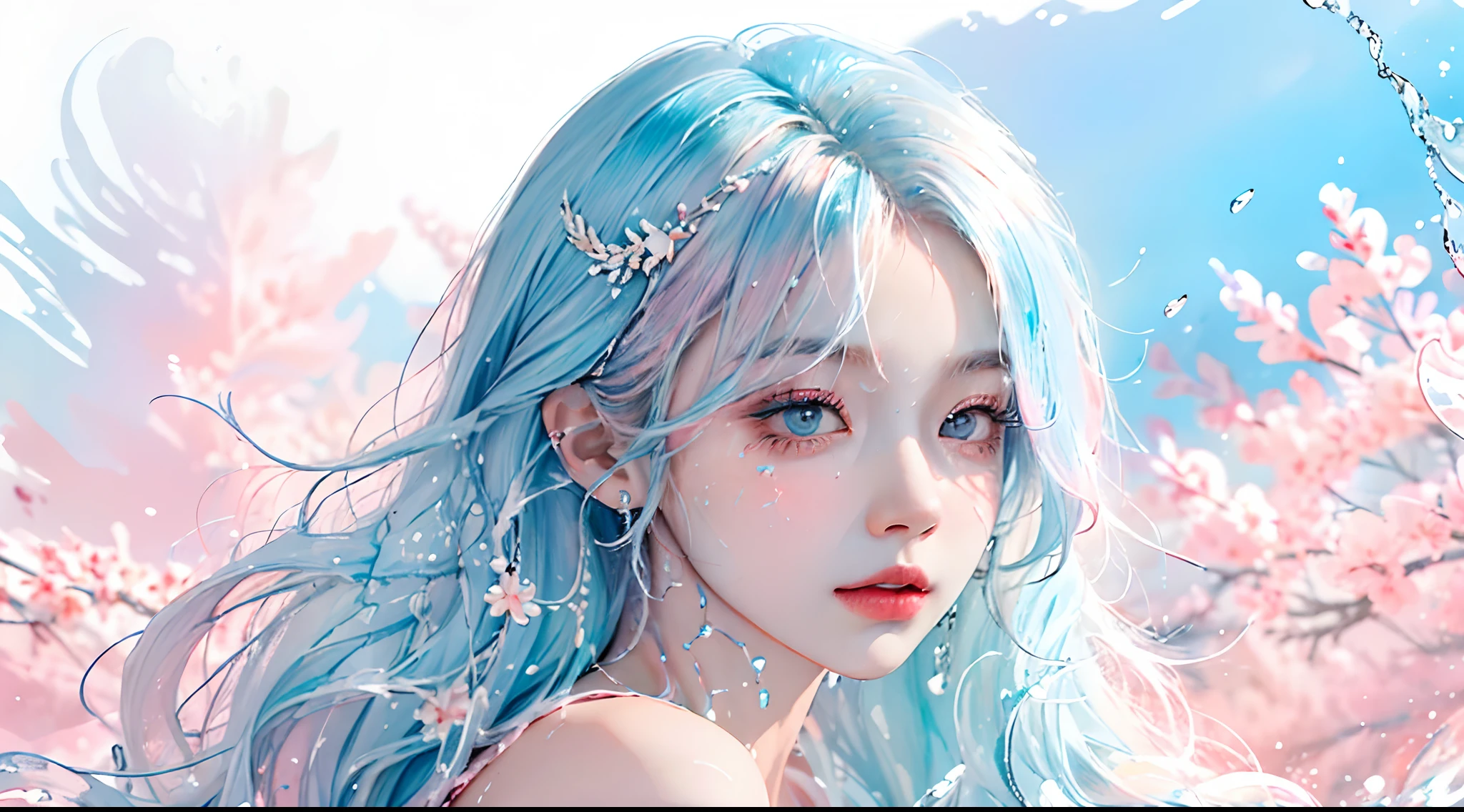 (Masterpiece, Best Quality, High Resolution), White Background, Acrylic Paint, ((Color Splash, Splash of Ink, Color Splash)), Sweet Chinese Girl, Long Light Blue Hair, [Light Blue|Pink] Hair, Curly Hair, Glitter, Peach Lips, White Shirt, Front, Upper Body