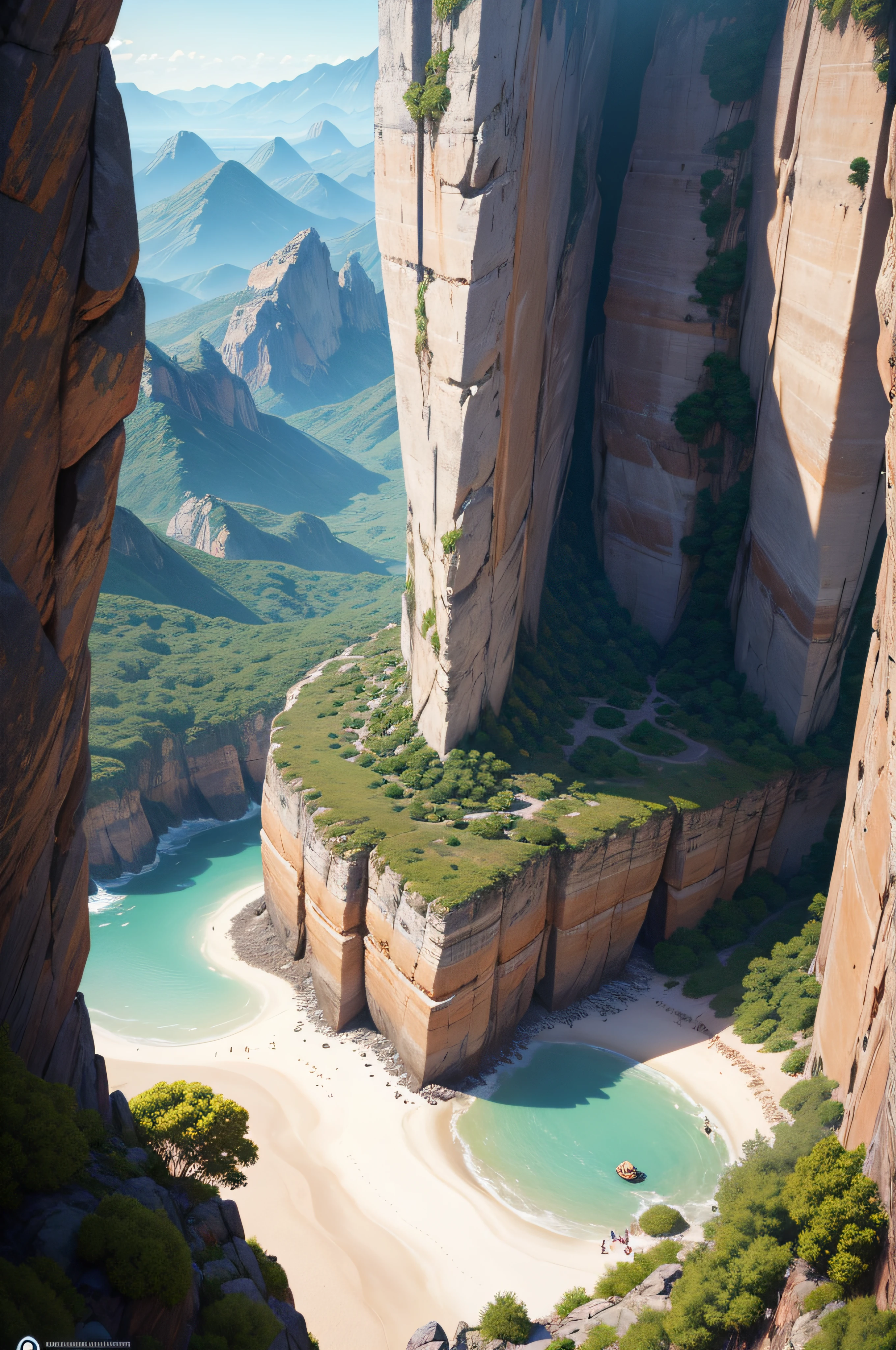 An ultra-realistic poster [[[[medindo 610 altura x914 mm de comprimento]]]], Fantastic scenery with vertical rocks on one side and the other, Enquadrando a cena, Trees with colorful foliage complete the scenery, no horizonte na frente da menina, cachoeiras caem das montanhas. Obra-prima super detalhada, incredible realism, 16k, UHD, Engenheiro Unreal ,Daz Studio Iray