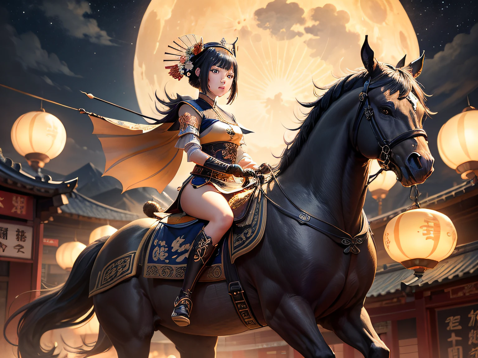 ((Mid-Autumn Night)),((Maiden Tang Dynasty)),large moon，Tang dynasty，（Lively night market：1.5）,人物，taur，cavalos，A map of thousands of miles of rivers and mountains，high-resolution details, Beautiful rendering of the Tang Dynasty, Chinese village,  dream style，zoom layer, in a panoramic view,  romanticism lain，