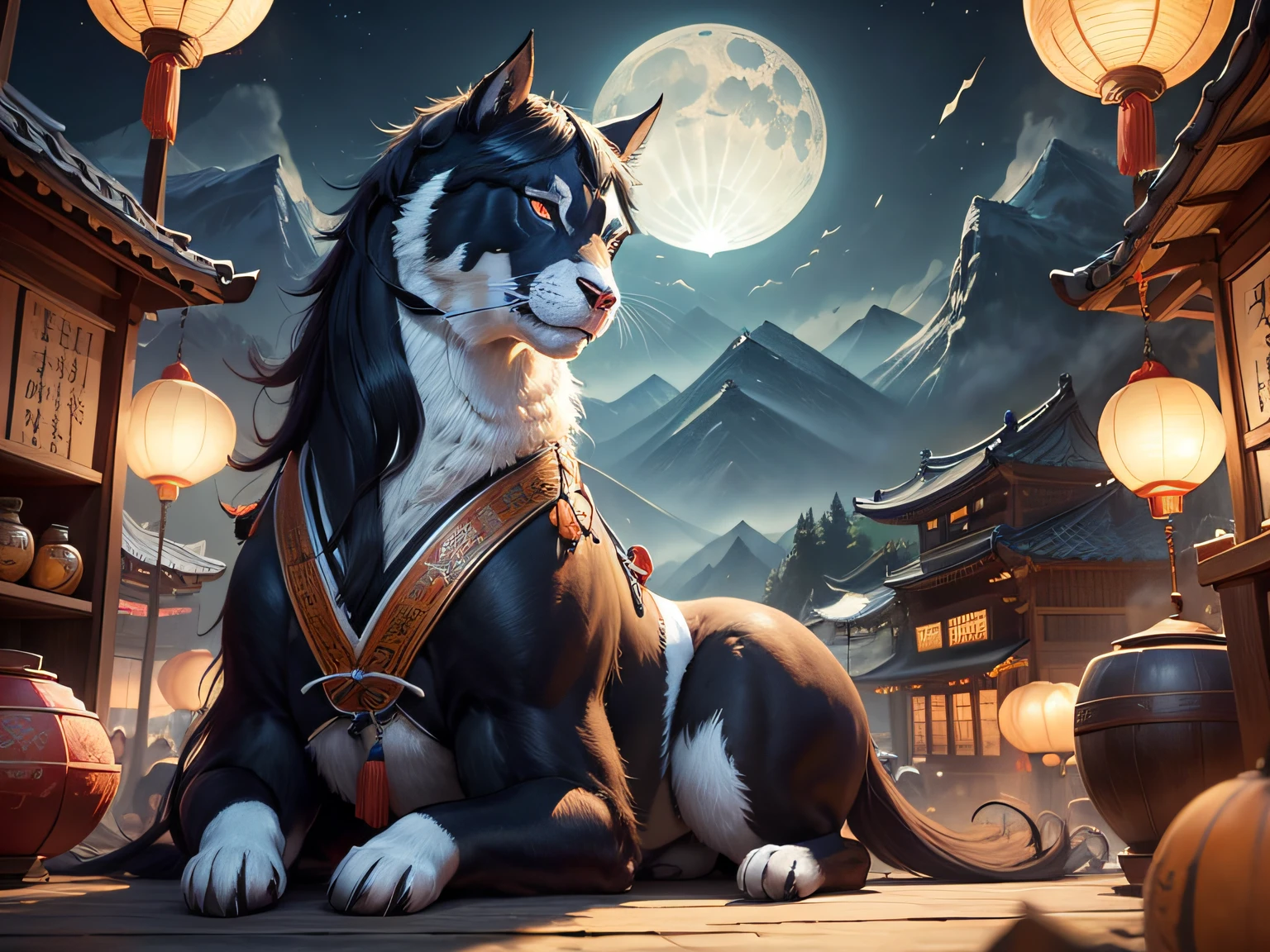 ((Mid-Autumn Night)),((Maiden Tang Dynasty)),large moon,Tang dynasty,(Lively night market:1.5),人物,taur,cavalos,A map of thousands of miles of rivers and mountains,high-resolution details, Beautiful rendering of the Tang Dynasty, Chinese village, dream style,zoom layer, in a panoramic view, romanticism lain,