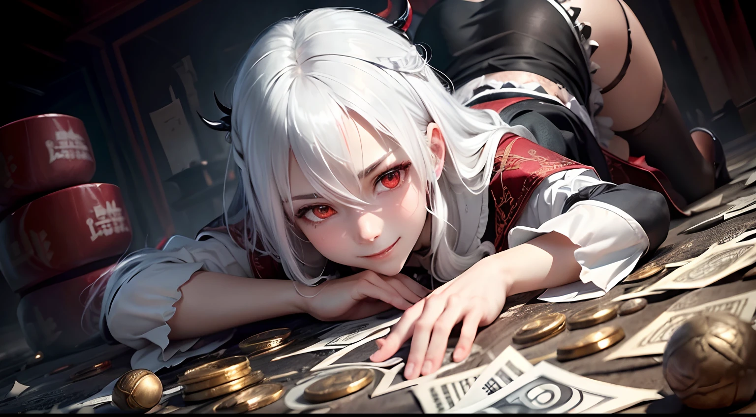 best quality, white hair, red eyes, black clothes, looking up, upper body, hair strand, Fair skin, smiling, Banknotes and coins are scattered, lie down, devil costume