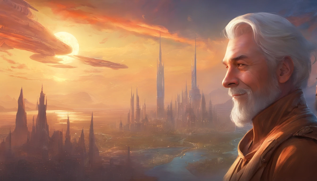 Middle-aged guy, Smile restrained, Teeth are not visible, is looking at the camera, Detailed portrait, An open look, joying, jour, Warm tones, Against the background of the city of the future in the distance, Rare, Beautiful, Lungs, air clouds, Sci-Fi, (8K, extra high resolution, Best Quality:1.2)